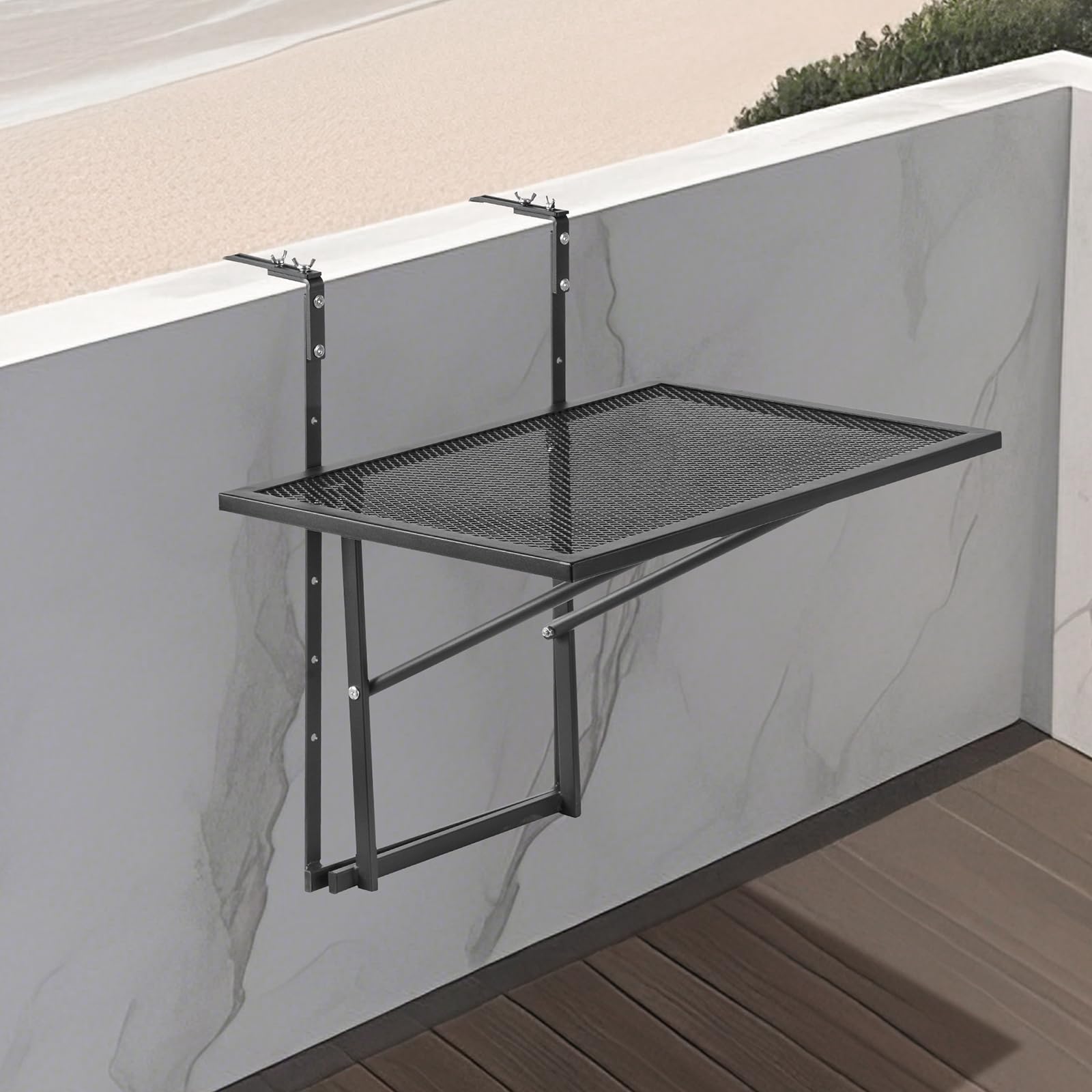 VEVOR Table Suspendue Balcon, 610 x 530 x 590 mm, Table de Bar Pliante Métal pour Balustrades de Balcon Extérieur, avec Plateau 610 x 410 mm, Réglable sur 5 Niveaux, pour Garde-corps de Patio Terrasse