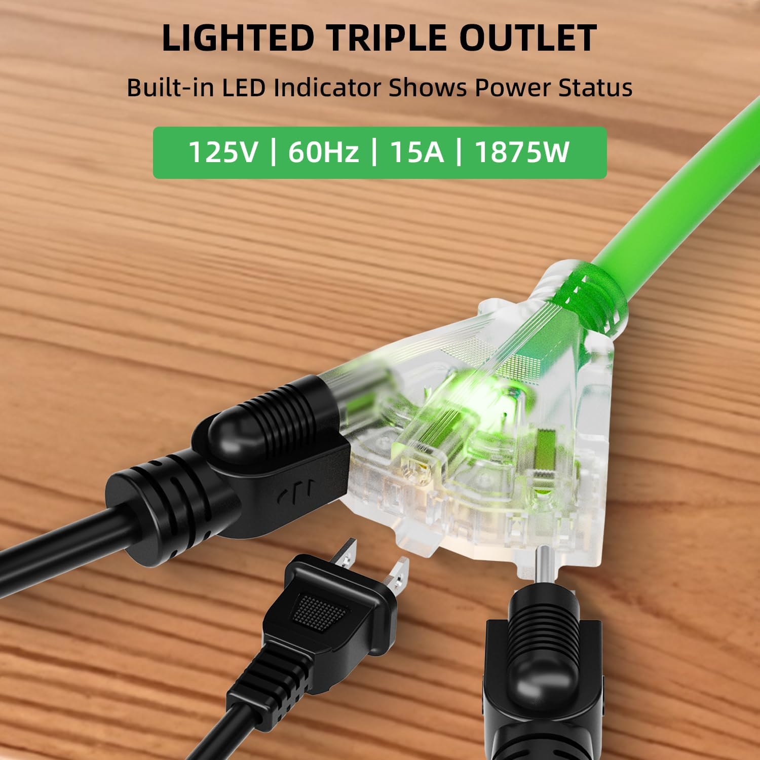 50 FT Retractable Extension Cord Reel, Heavy Duty 12AWG/3C SJTOW Power Cord, Lighted Triple Tap, 15A Circuit Breaker, Wall/Ceiling Mount Electric Cord Reel for Garage & Workshop, ETL Listed, Green
