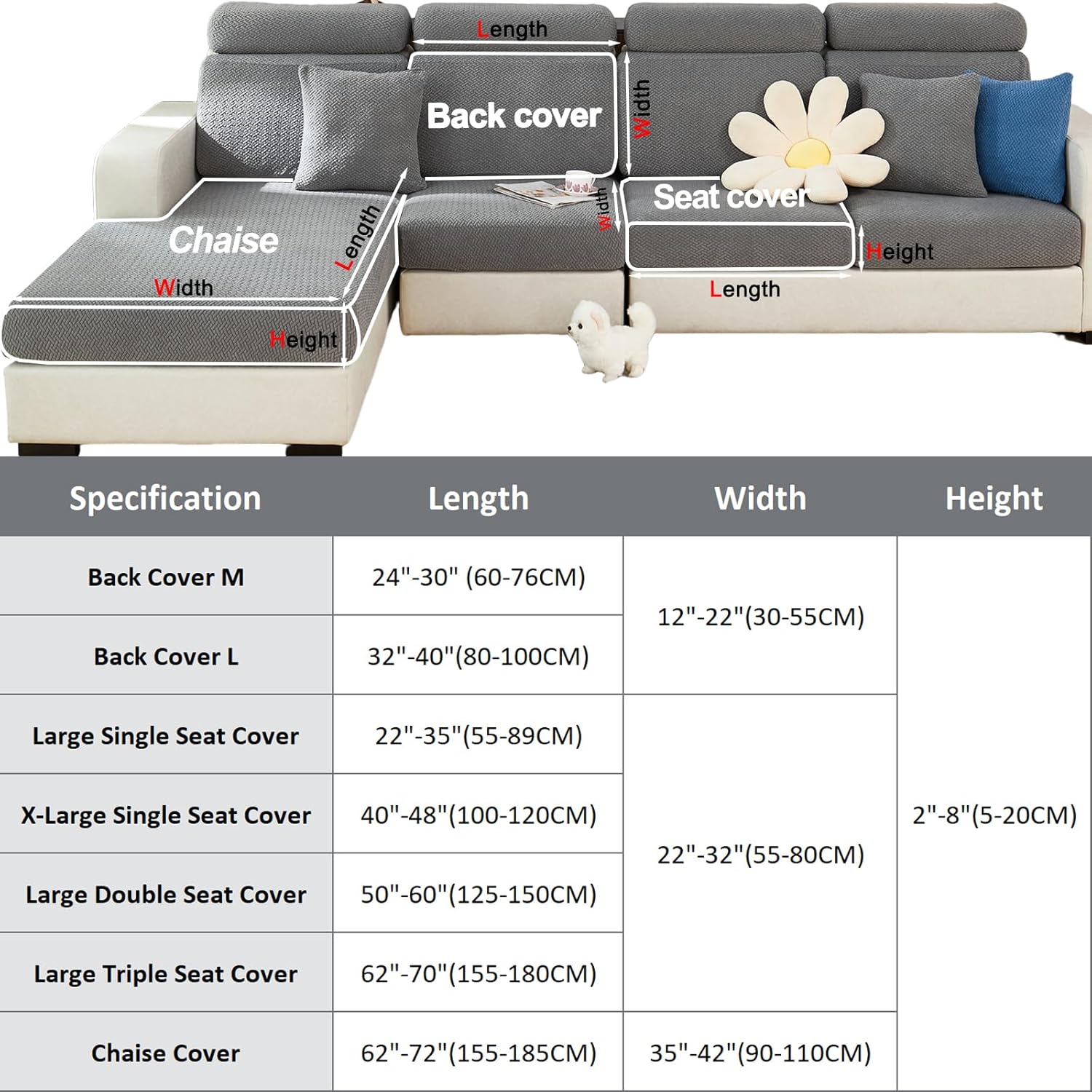Couch Covers for Sectional Sofa Covers Washable Stretch Pet Couch Cushion Covers L Shape Dog Couch Cover Wear Resistant Anti Slip Sofa Slipcovers (Light Gray,X-Large Single Seat Cover)