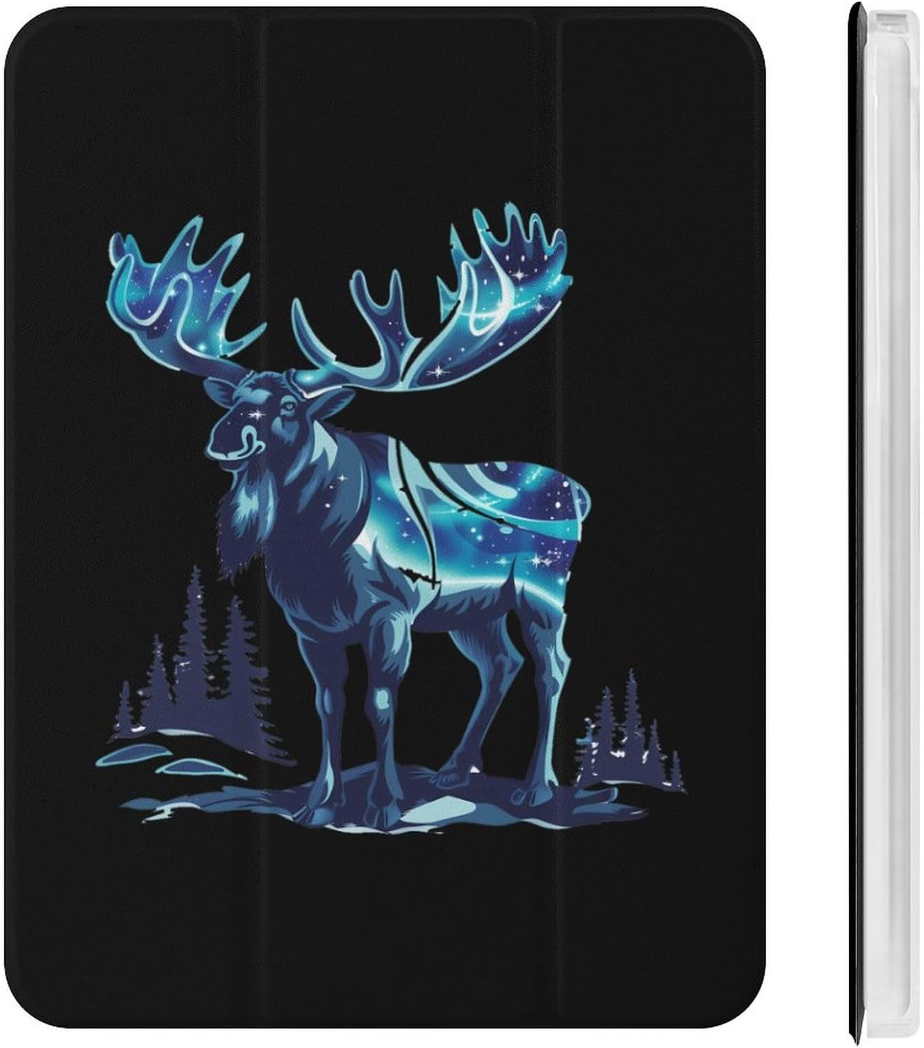 Alaskan Moose with Aurora Borealis Snowy Scene Cute Case Compatible for Mini4/5（7.9in） Trifold Tablet Protective Cover with Pencil Holder
