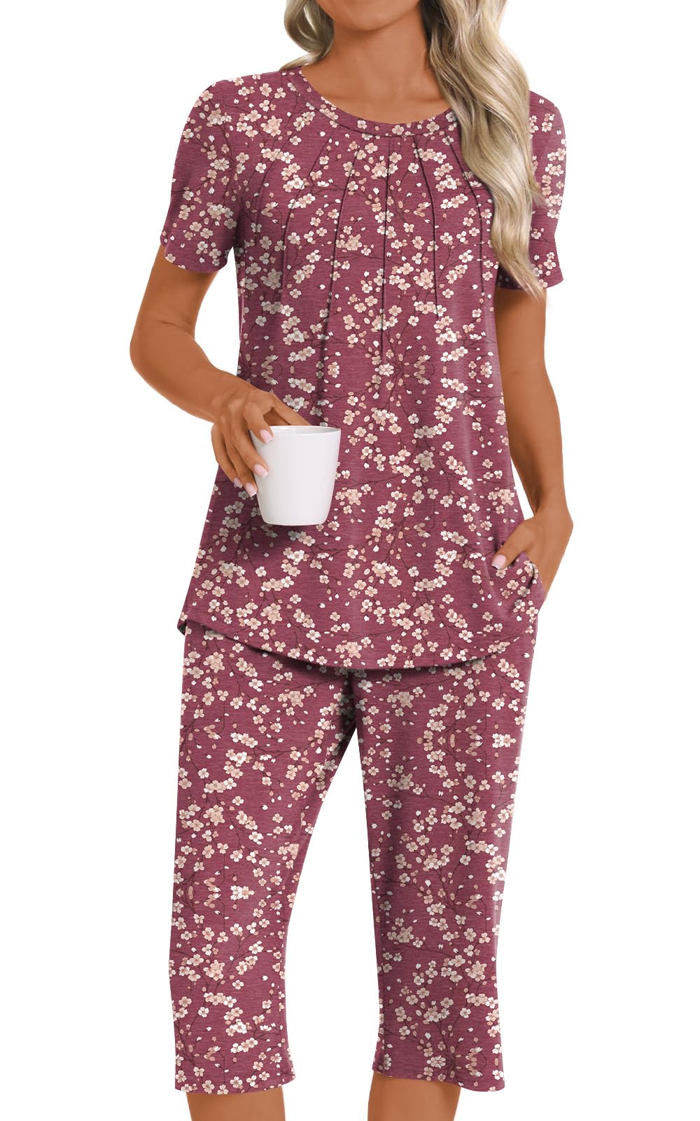 Womens Summer 2 Piece Pajama Sets 2026 Casual Loungewear Short Sleeve Sleepwear with Pockets