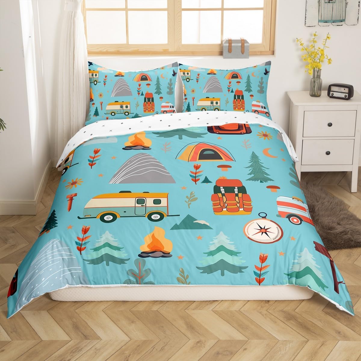 jejeloiu Happy Camping Duvet Cover Kids Boys Girls Toddler Size Outdoor Travel Bedding Set Soft Travel Bag Tent Print Comforter Cover Travel Trailers Themed Bedspread Cover Camping Gifts,No Comforter image 2