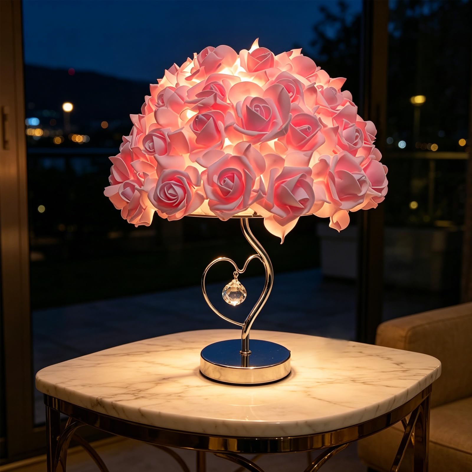 Pink Rose Table Lamp Romantic LED Bedside Lamp USB Operated Fabric Rose Light with Crystal Pendant Flower Desk Lamp for Living Room Bedroom Dining Room Bridal Shop Valentine's Day Decor(12.6x16.93in)