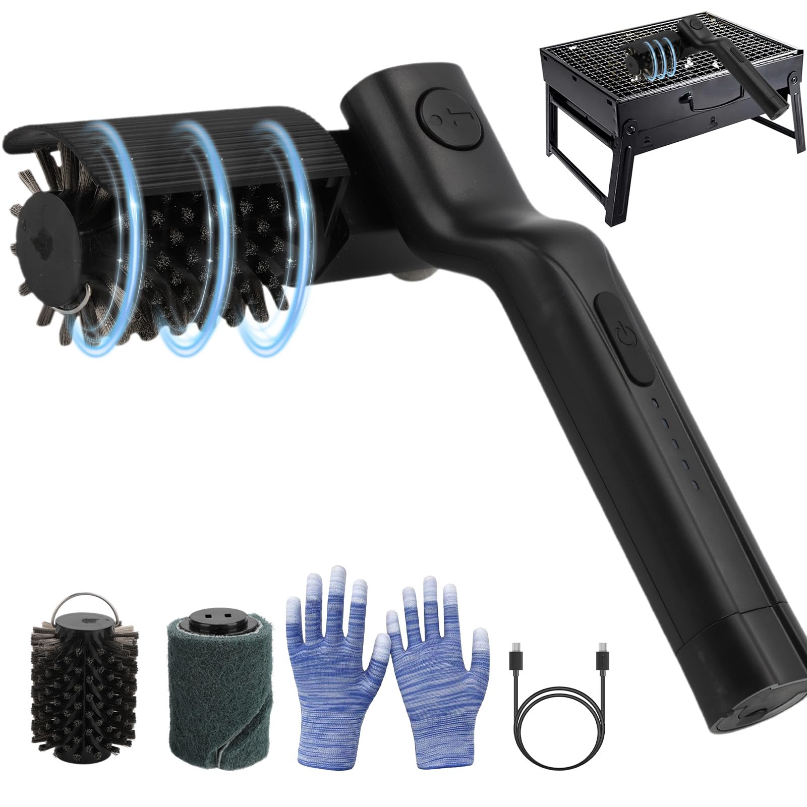 Spazzola Elettrica per Barbecue, Pulisci Griglia BBQ Elettrico Ricaricabile e Senza Fili con 2 Velocità e 2 Testine, Spazzola Barbecue Elettrica, Accessori Completi Regalo Appassionati Grigliate