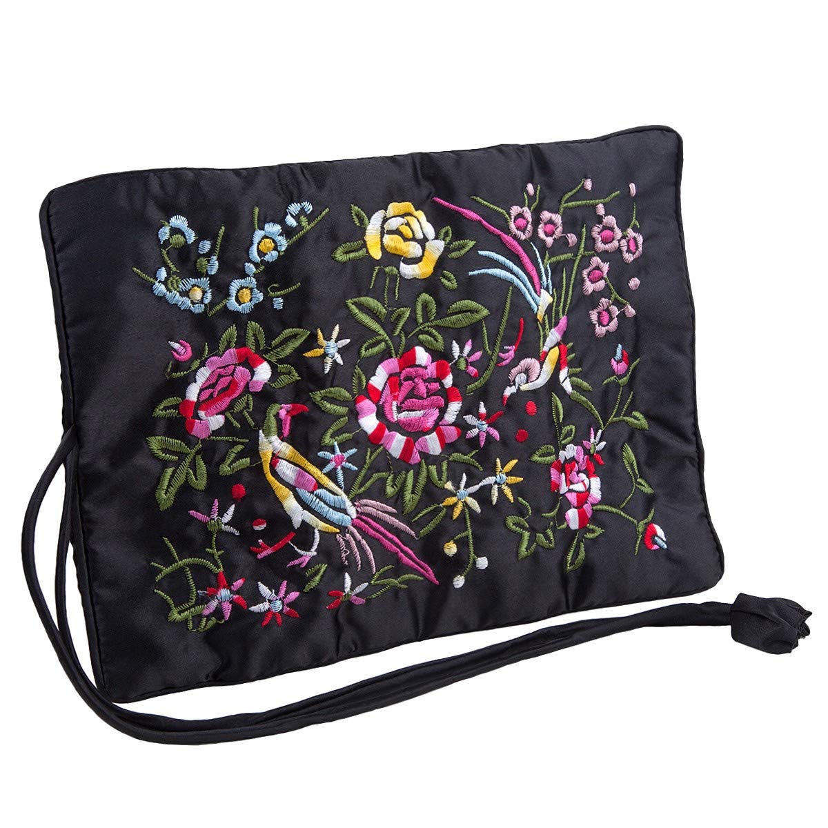 KYEYGWO Pochette Rouleau à Bijoux pour Voyage, Broderie Chinoise Organisateur de Bijoux pour Rangement de Bracelet Collier Bague, Noir