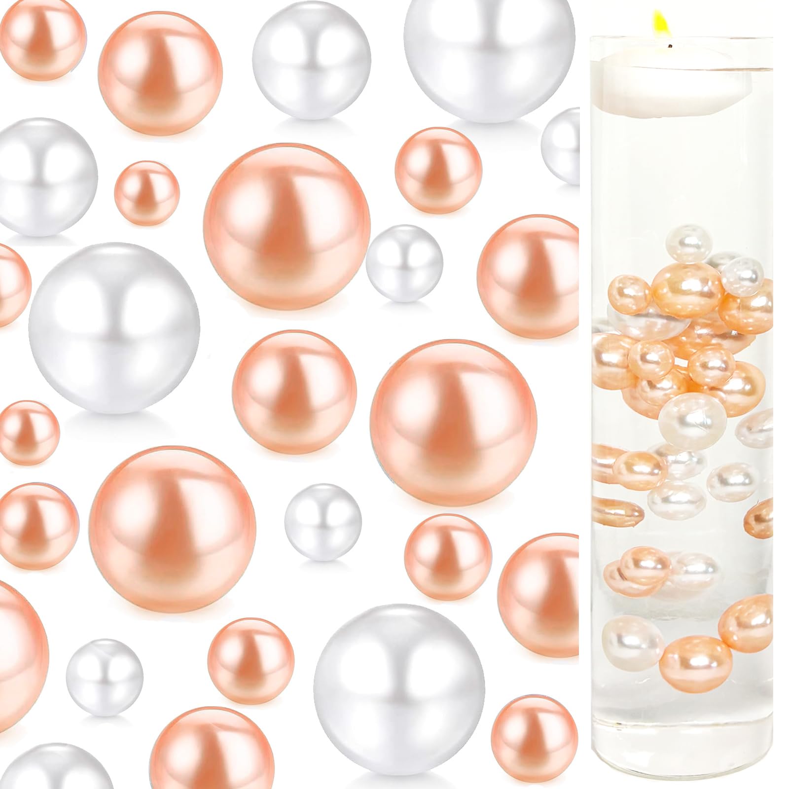 Floating Pearls for Centerpieces Vases Filler, 20/14/10mm No Hole Round Floating Pearl Beads for Wedding Birthday Christmas Party Table Wedding Home Decor 105pcs + 1000 Transparent Beads