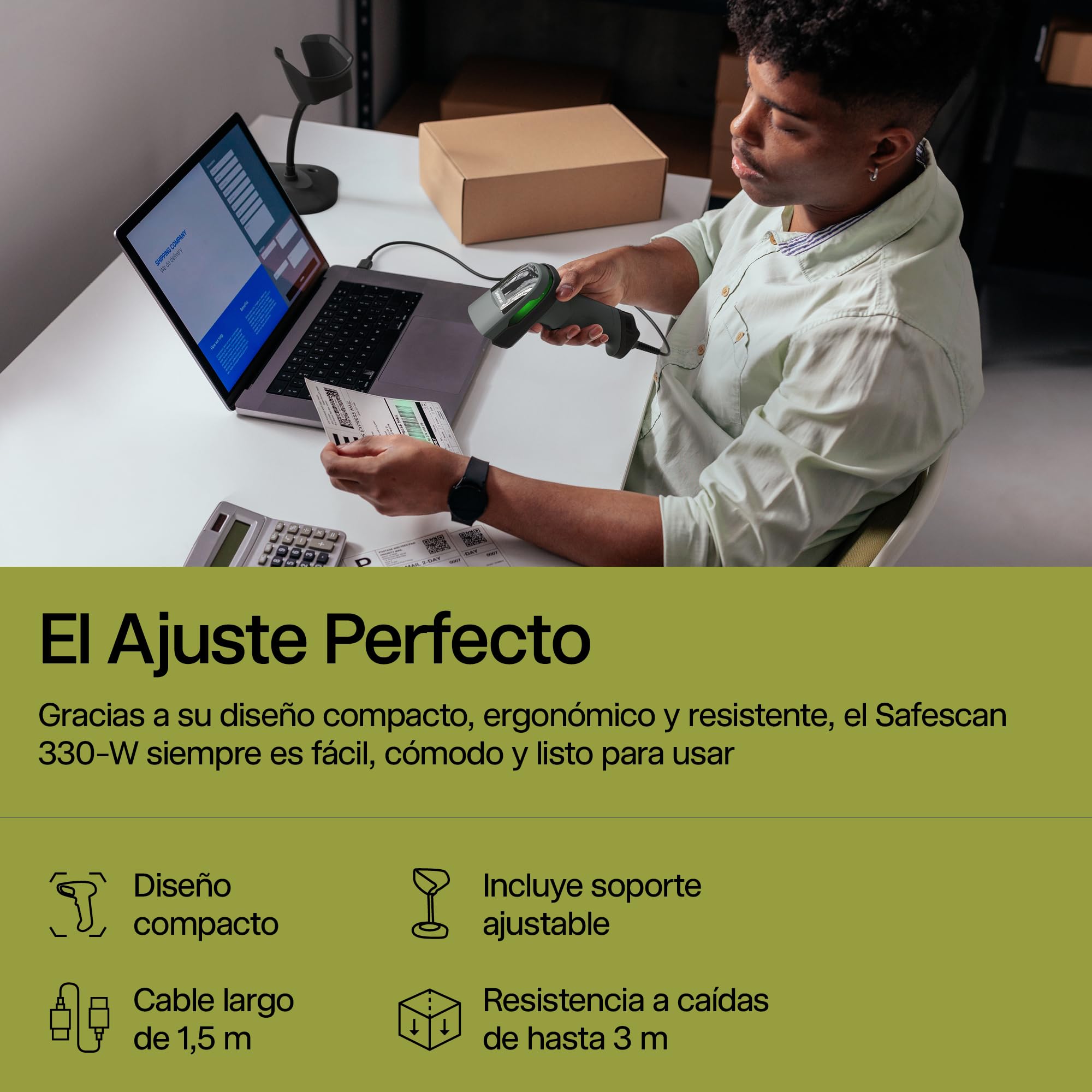 Safescan 330-W - Escáner de códigos de Barras Que escanea códigos 1D y 2D - Escáner para códigos dañados y de Color - con Cable USB - Escáner de códigos QR - Plug & Play - Incluye Soporte