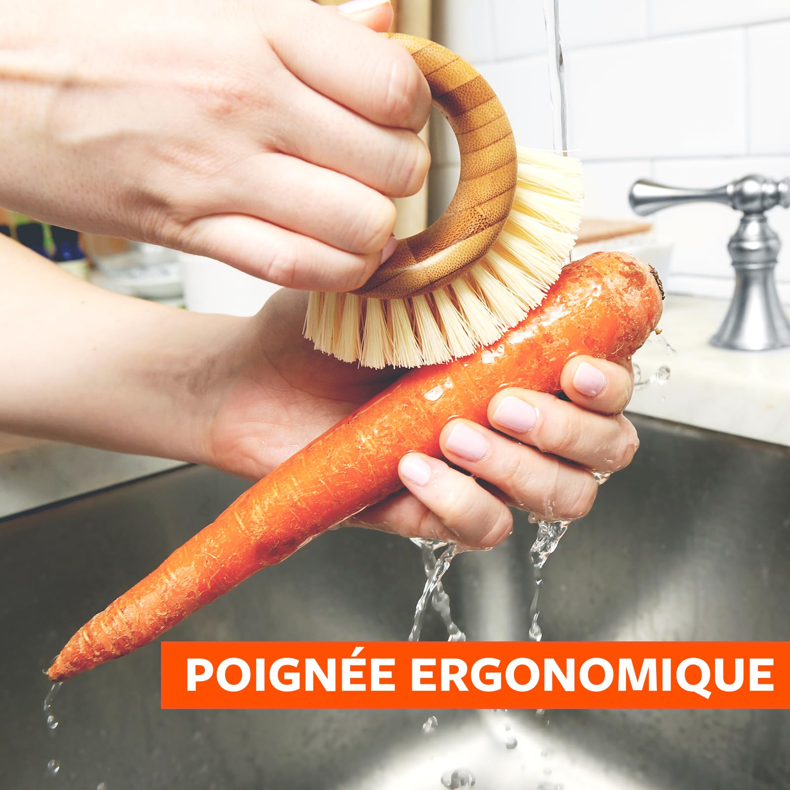Full Circle The Ring Brosse à Légumes et Fruits Nettoyage Doux Poils Recyclés Fibres Végétales Manche Ergonomique sans BPA
