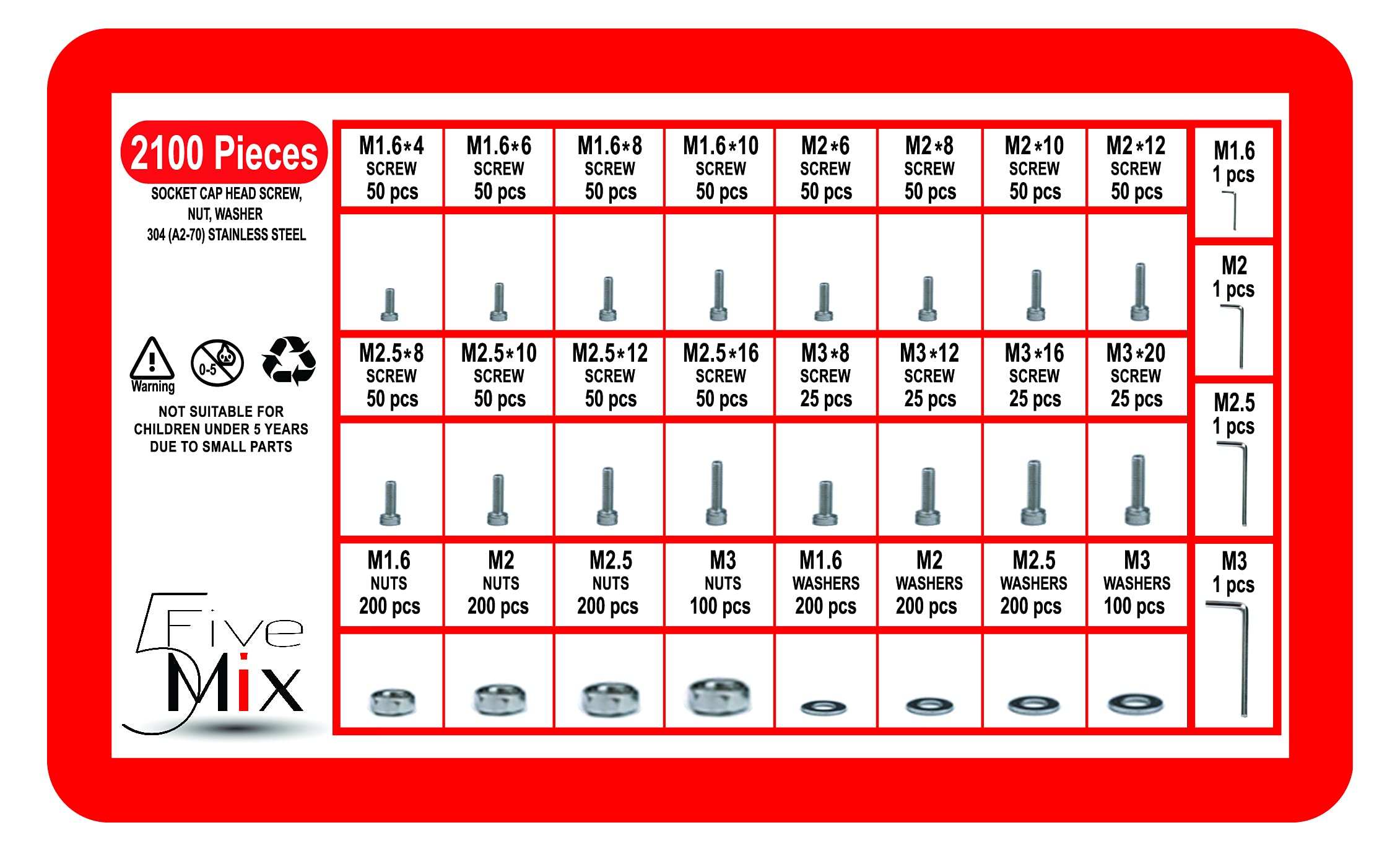 FiveMix Machine Screws M1.6 M2 M2.5 M3 Assortment 2100 Pcs Screw and Nut Assortment - Screw & Bolt Assortment Sets- Metric Screw Set - Bolt Kit Metric -Nuts and Bolts Assortment Kit (Silver)