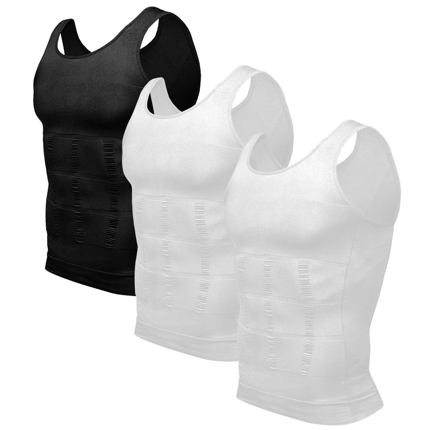 Odoland Paquete de 3 camisetas moldeadoras de cuerpo para hombre, capa base, color negro, blanco y blanco, talla XXL, Blanco