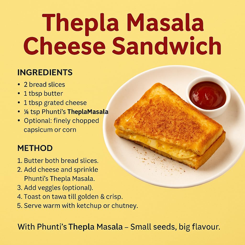 Phunti Masale VSM Thepla Masala Premix Powder 90g | Instant Gujarati Thepla Mix | Authentic Homemade Flavor | Perfect for Soft, Spicy Theplas | No Preservatives or Artificial Colors - Image 5 thumbnail