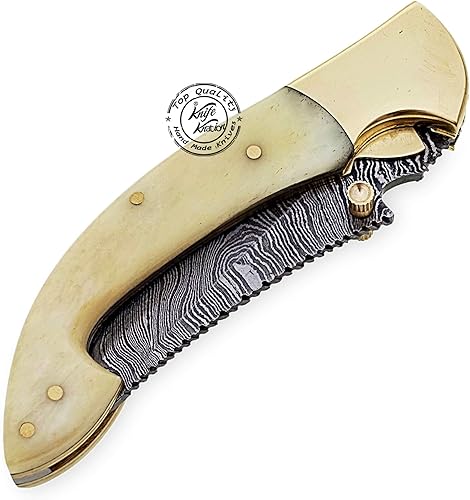 Miniatura 6 de Hermoso cuchillo de bolsillo plegable de acero de Damasco de 7.25 pulgadas con refuerzo de latón, 100% de primera calidad