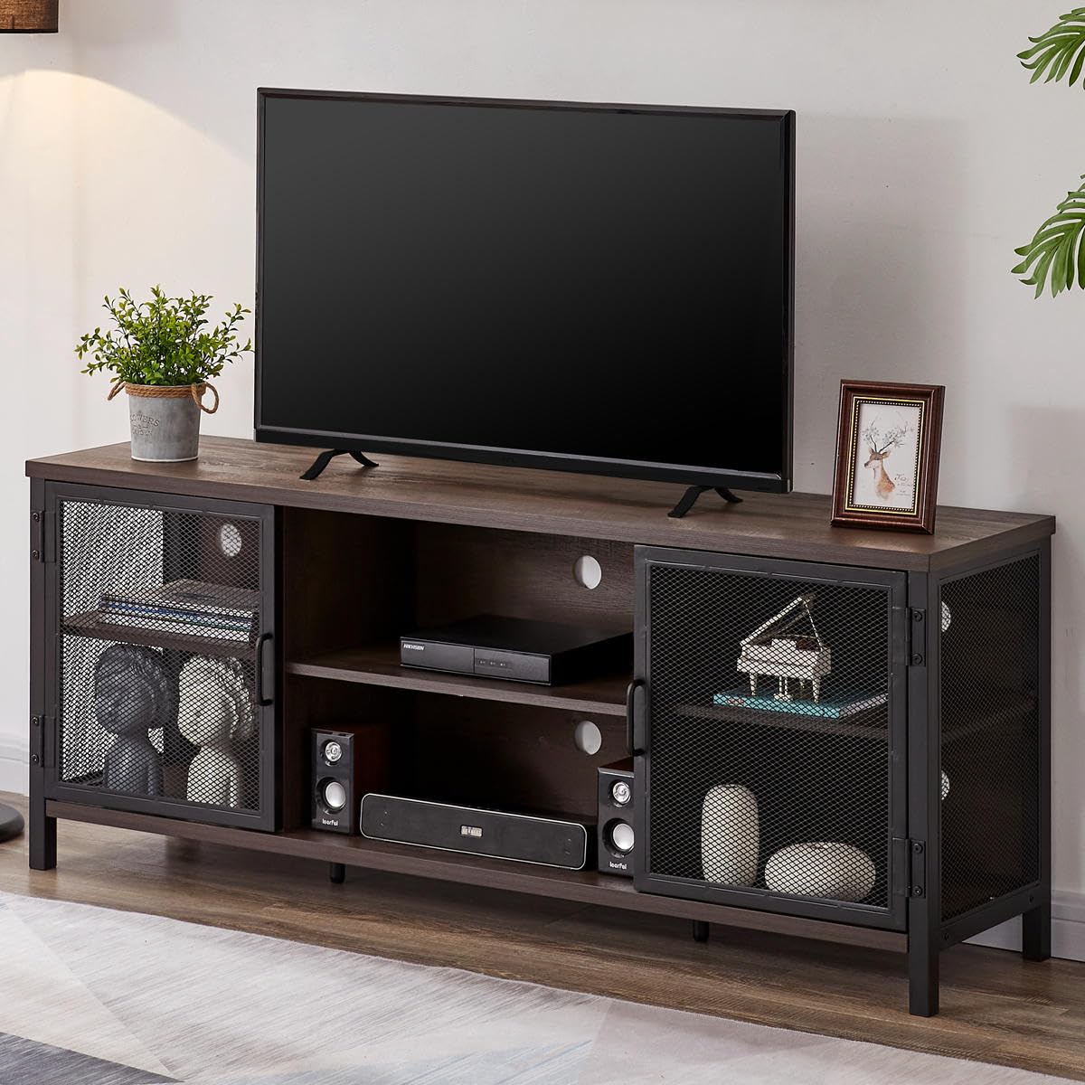 FATORRI Industrial Entertainment Center for TVs up to 55 60 65 Inch, Rustic Wood TV Stand, Large TV Console Cabinet with Doors for Living Room (60 Inch Wide, Walnut Brown)