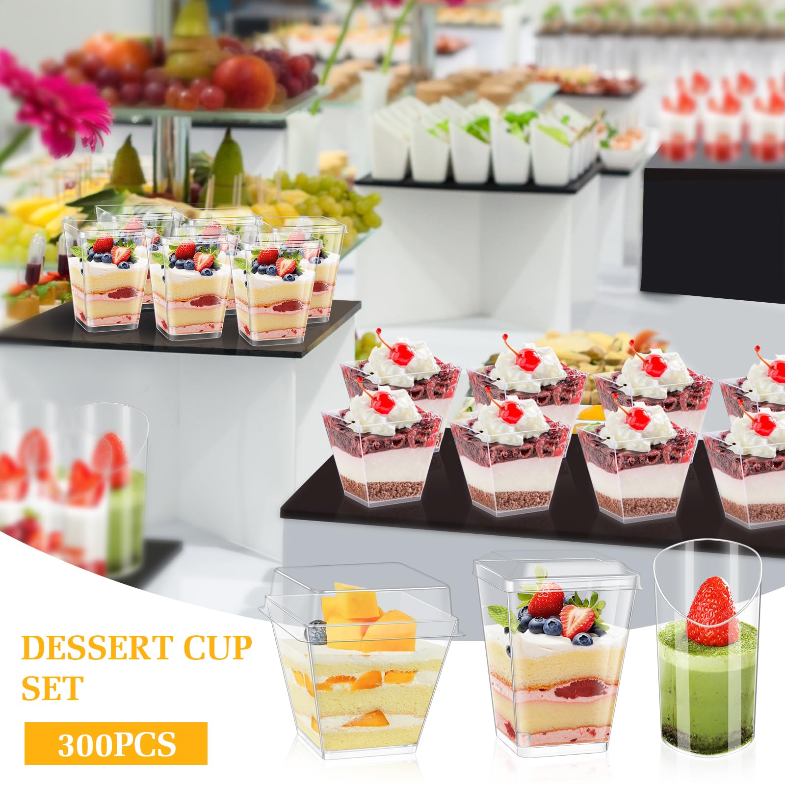 300 Packs 5oz Dessert Cups with Lids and Spoons, Clear Parfait Cups for Parties, Mini Plastic Dessert Cups Appetizer Cups, Square Dessert Shooter Cups for Fruit Chocolate Pudding and Ice Cream