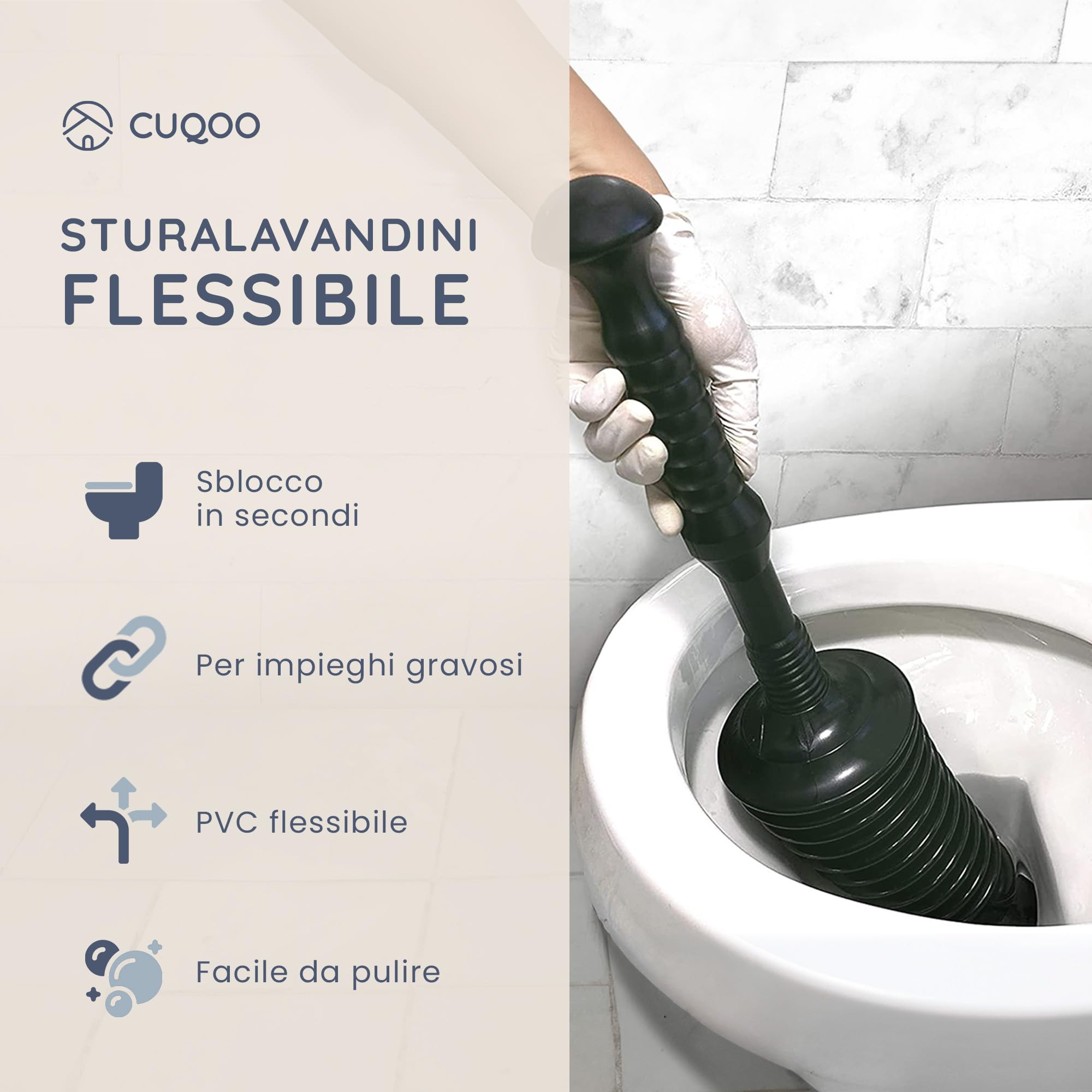 CUQOO Pulitore flessibile e resistente per WC con testa, senza sforzo e potente, per bagno, cucina, lavandini, vasche da bagno e docce, in stile commerciale (piccolo)