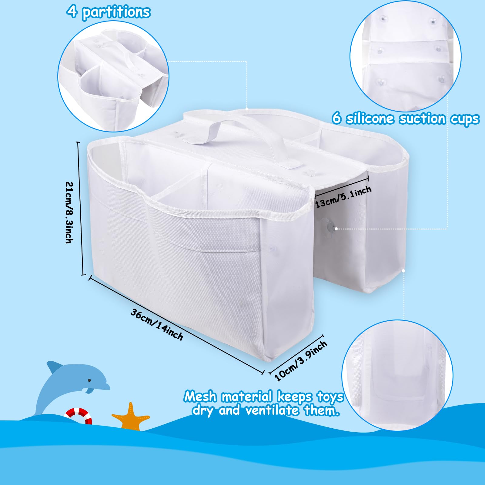 Organizador de almacenamiento de juguetes de baño, soporte grande de juguetes de baño de 4 compartimentos con ventosas, almacenamiento de juguetes para tina de desorden, soporte de juguetes de ducha 3