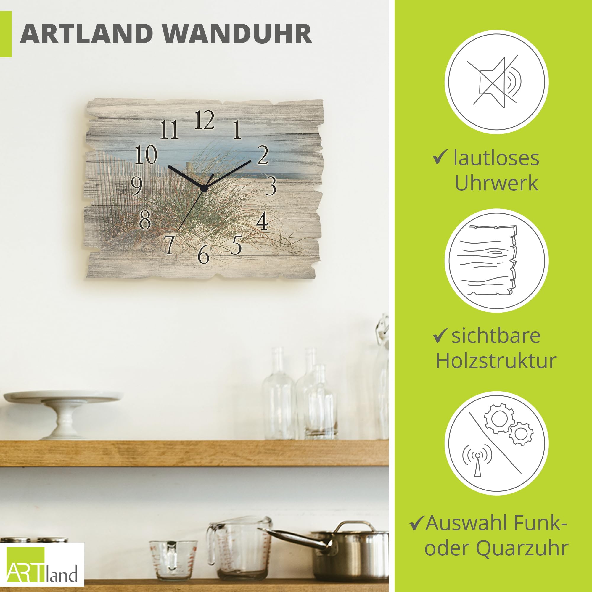 ARTLAND Wanddeko Wanduhr ohne Tickgeräusche aus Holz Funkuhr 40x30 cm Rechteckig Lautlos Strand Meer Düne Gräser Landschaft Maritim T5MA