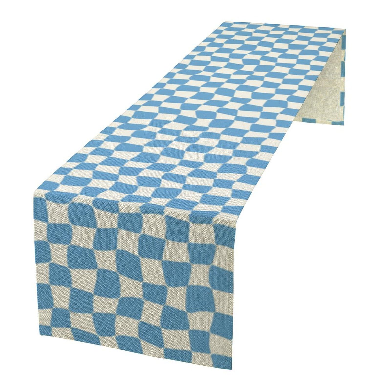FengMingRui 70s Hippie Table Runner Groovy Blue Twisted Checkered Funky Modern Geometric Boho Dinner Runner for Living Room Kitchen Party Holiday