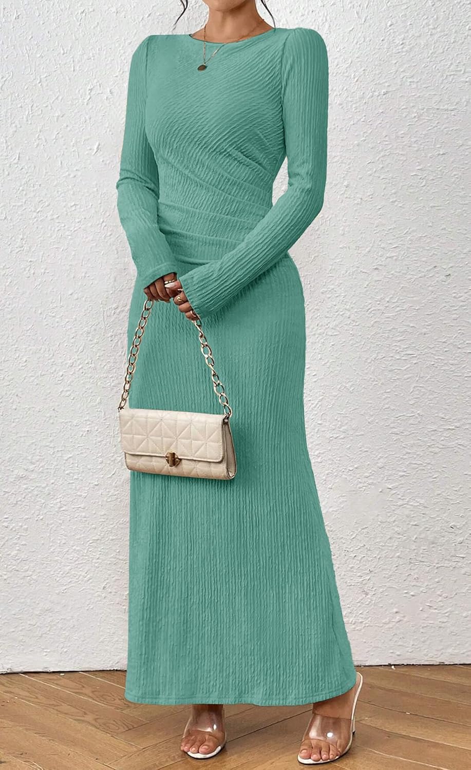 MITILLY Fall Dress for Women 2026 Long Sleeve Maxi Dress Formal Crew Neck Bodycon Ruched Cocktail Party Dresses - Image 5