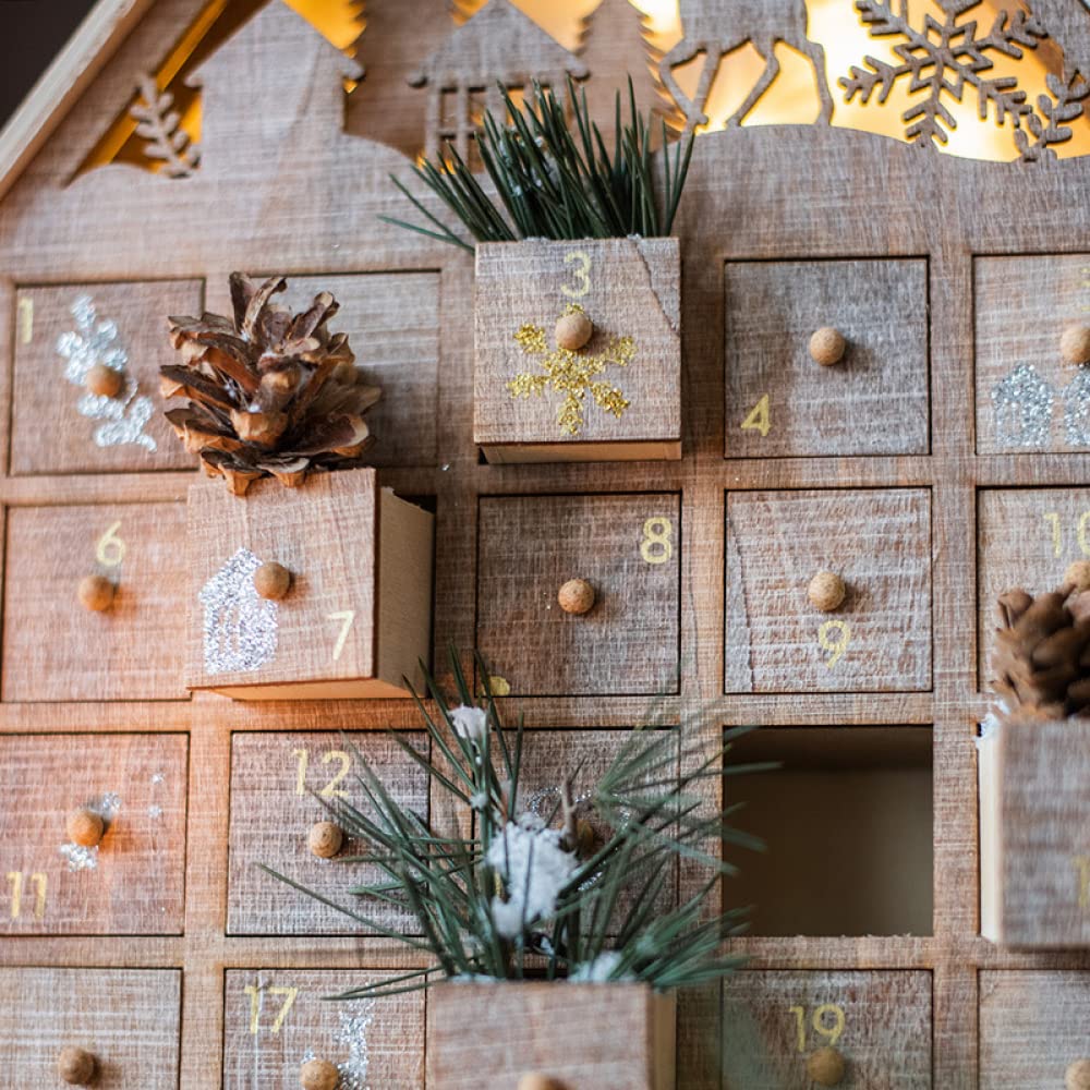 Siqi Countdown To Christmas Calendario de Adviento con luz led de madera, cajonera Candy House