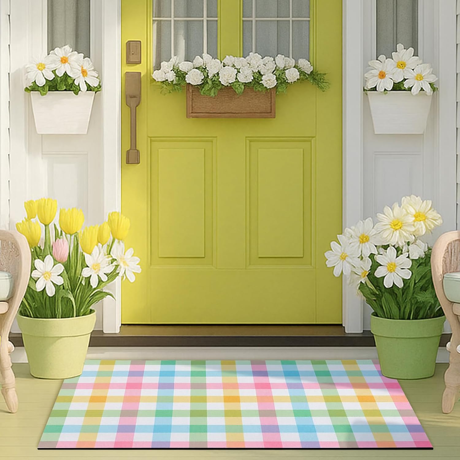 Duraaamo Spring Pastel Checkered Rug, 24 x 35 Inch Checkered Area Rug Outdoor Colored Front Porch Door Mat Welcome Spring Layering Rustic Mat, Entryway Farmhouse Decor