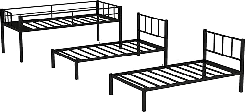 Miniatura 5 de Yehha Literas triples para niños, literas triples de metal, camas individuales sobre cama individual sobre cama individual, barandillas de seguridad