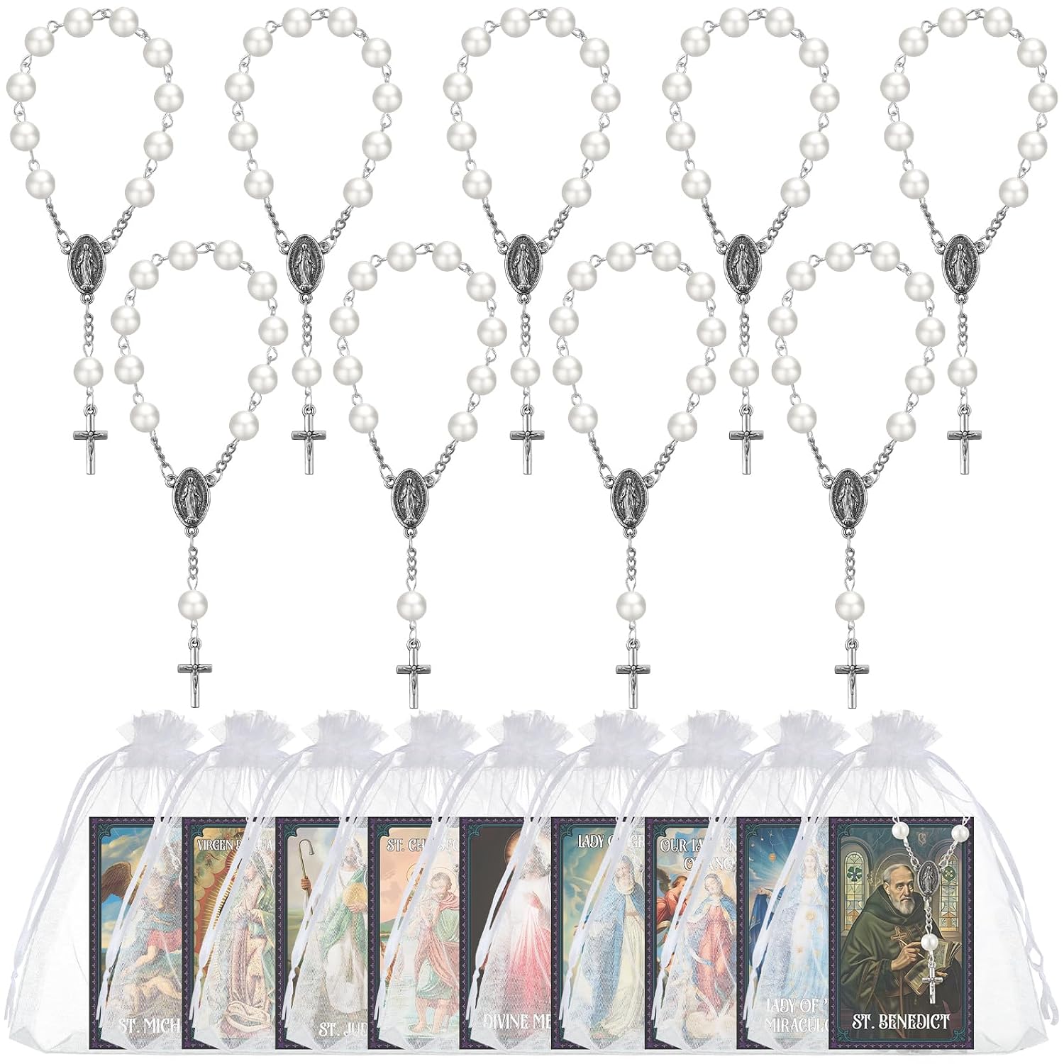 Sayglossy 10 Set Catholic Gifts Set White Religious Catholic Hanging Pendant and Prayer Card Saints Prayer Bead Rosary Beads Bracelet First Communion Baptism Gifts Car Rosary for Rearview Mirror
