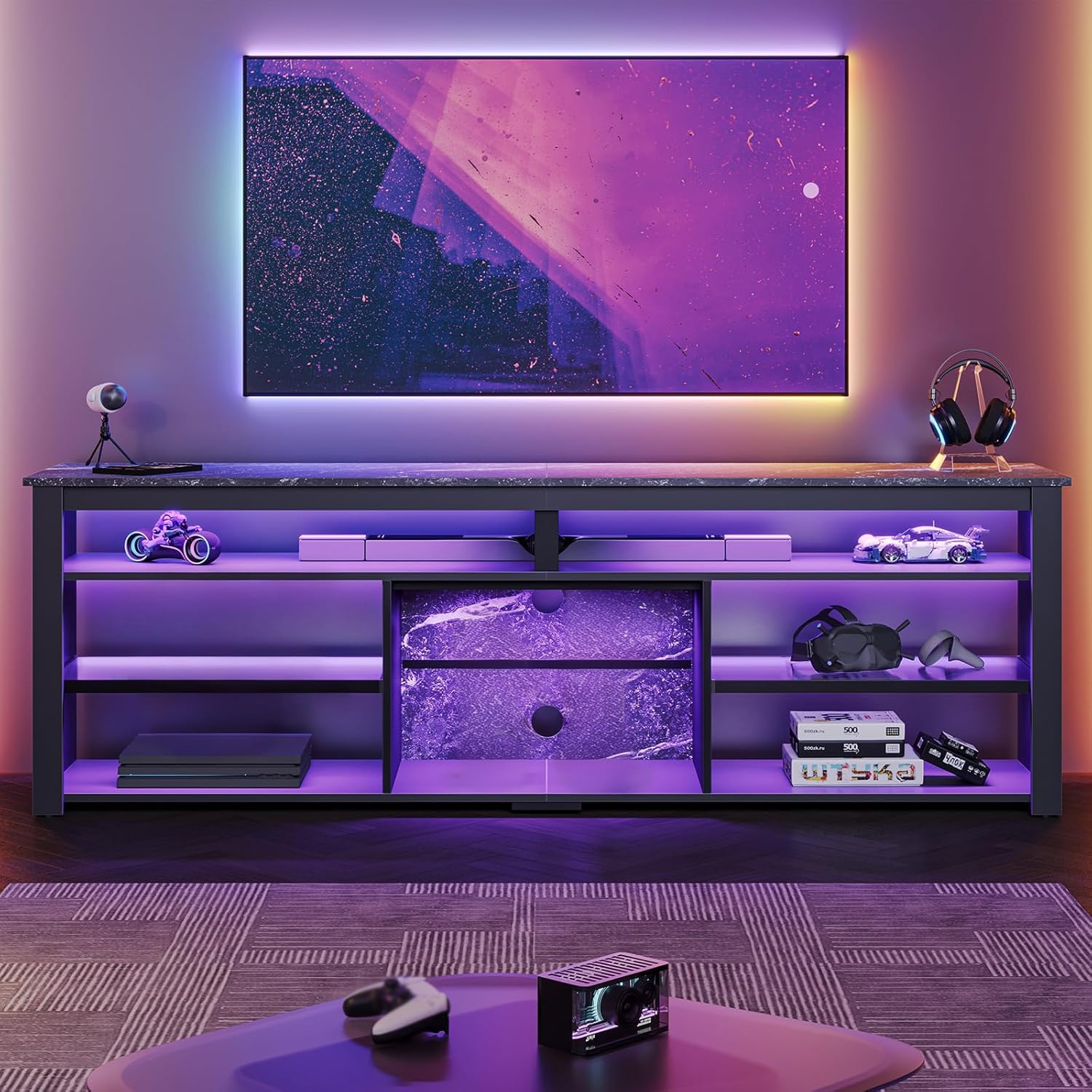 Bestier Tall LED TV Stand for 70/75/80 inch TV, Modern Black Marble Entertainment Center with Storage for PS5, Gaming Console for Living Room & Bedroom