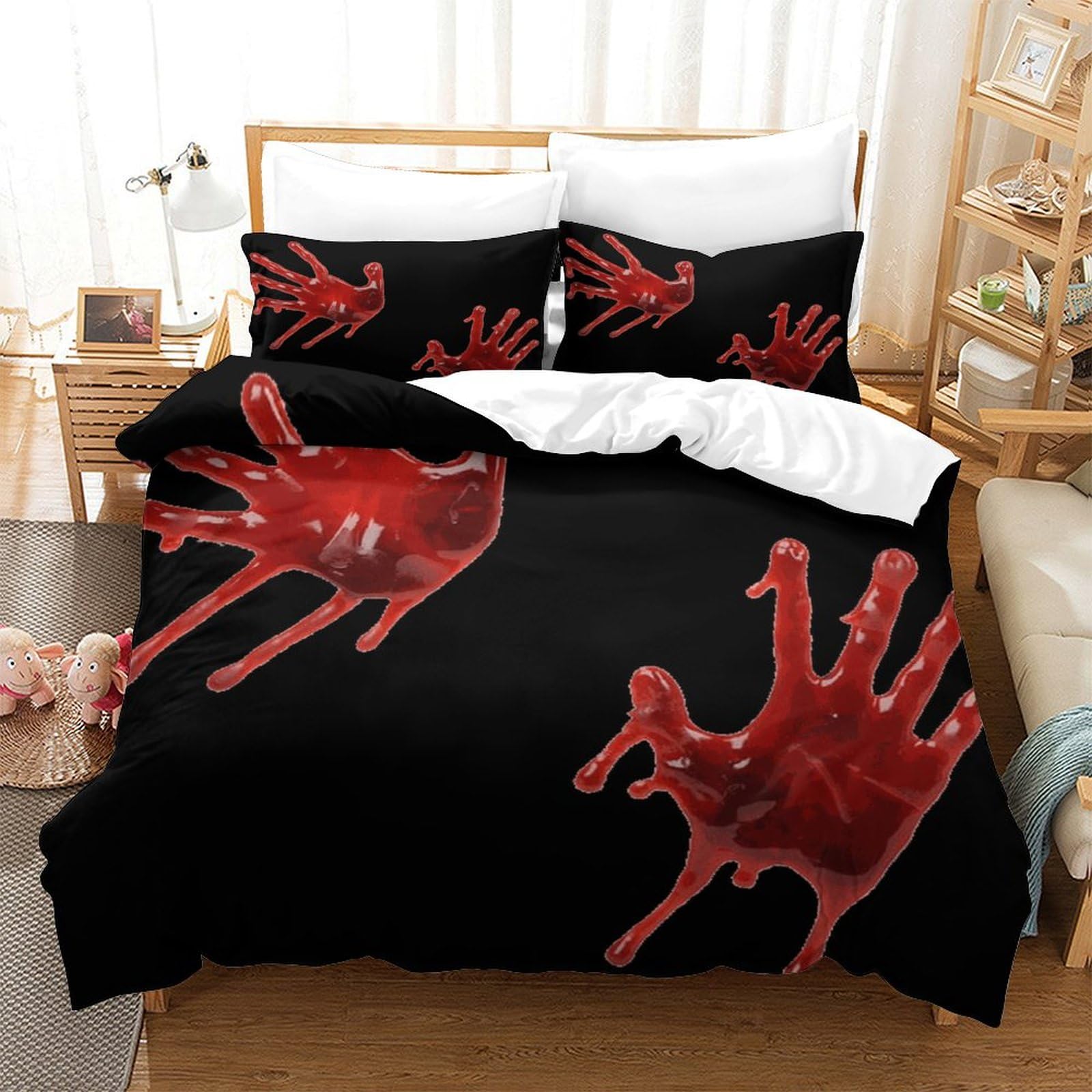 P1S9U7W5Y Artistic Dark 3D Printed Blood Handprint Duvet Cover Set 3pcs Microfiber Bloody Handprint Bedding Set Double（200x200cm）