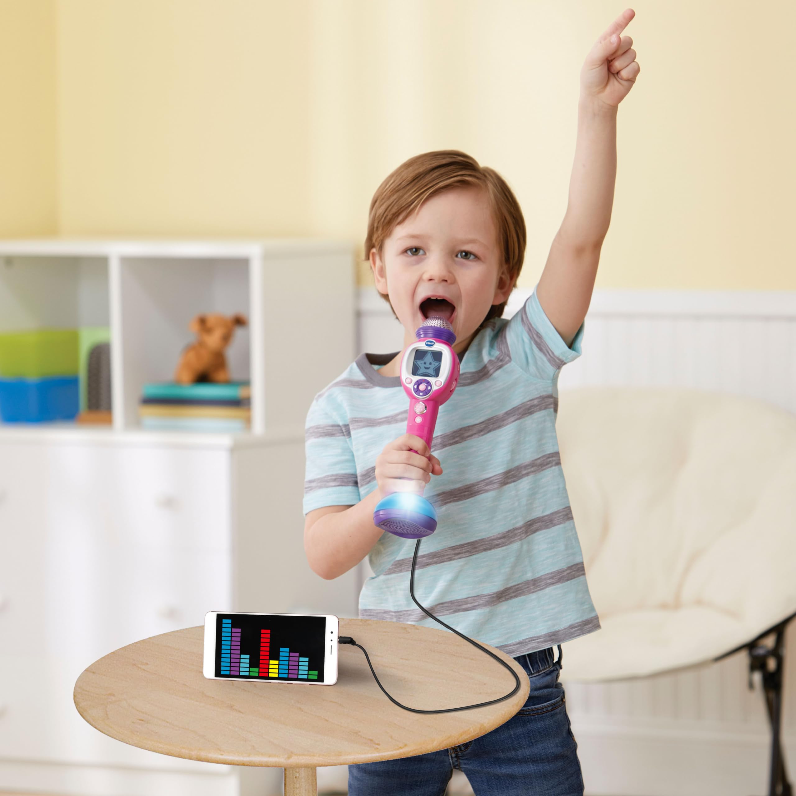 VTech - Kidi Superstar Dance, Micrófono portátil 8 en 1 con Pantalla Interactiva, Karaoke Infantil, Aprende a Cantar, Juegos, Efectos de luz y Sonido, Regalo niños +6 años, Versión ESP