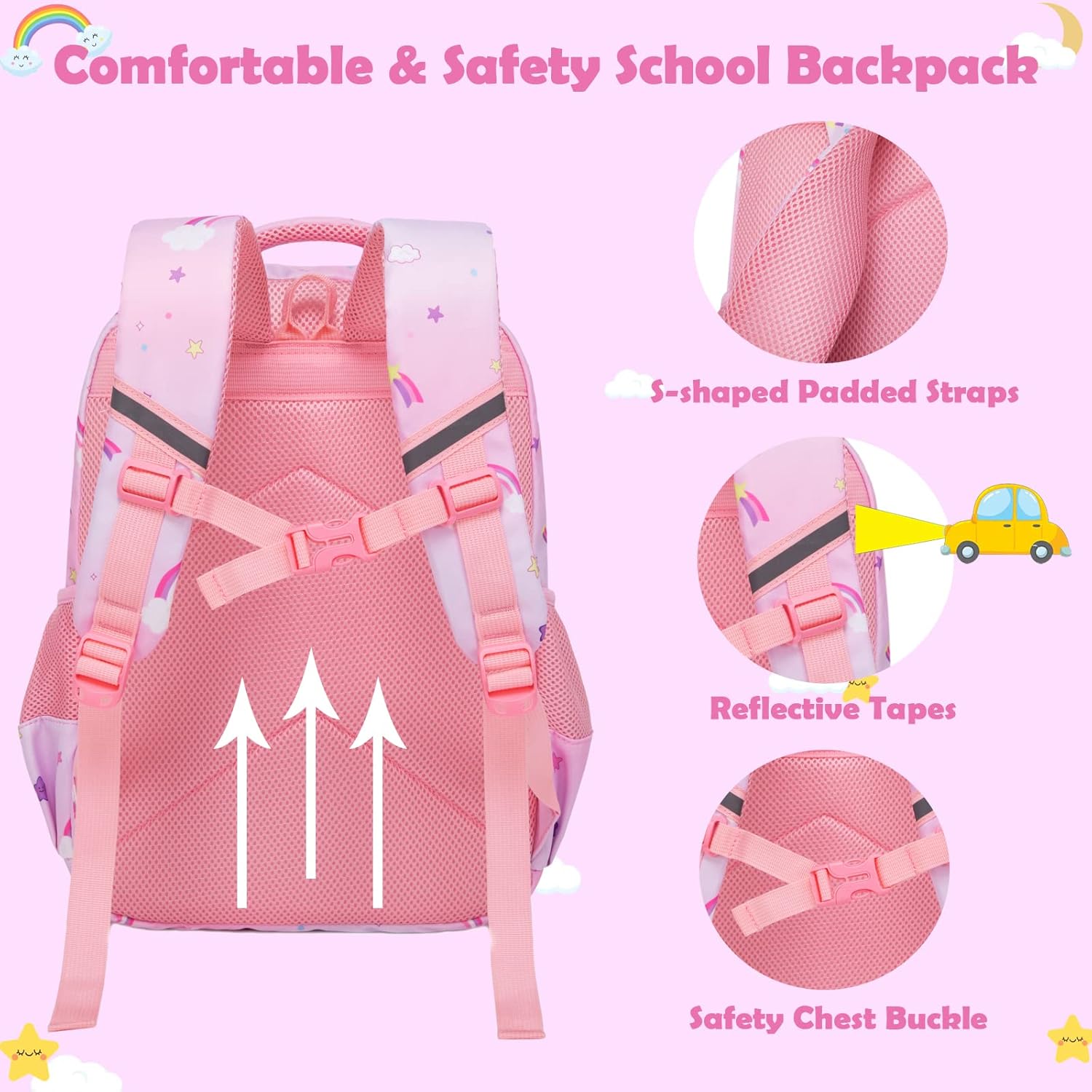 Kimwadalh Girls Backpack with Lunch Box Pencil Case for Elementary School, 3 in 1 Schoolbag with Chest Strap for School Girls