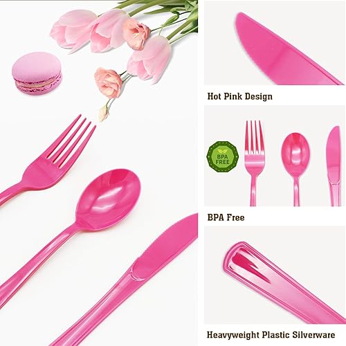 Miniatura 6 de joy akkess Paquete de 150 cubiertos de plástico rosa, juego de utensilios de plástico rosa intenso, juego de cubiertos de plástico rosa, 50