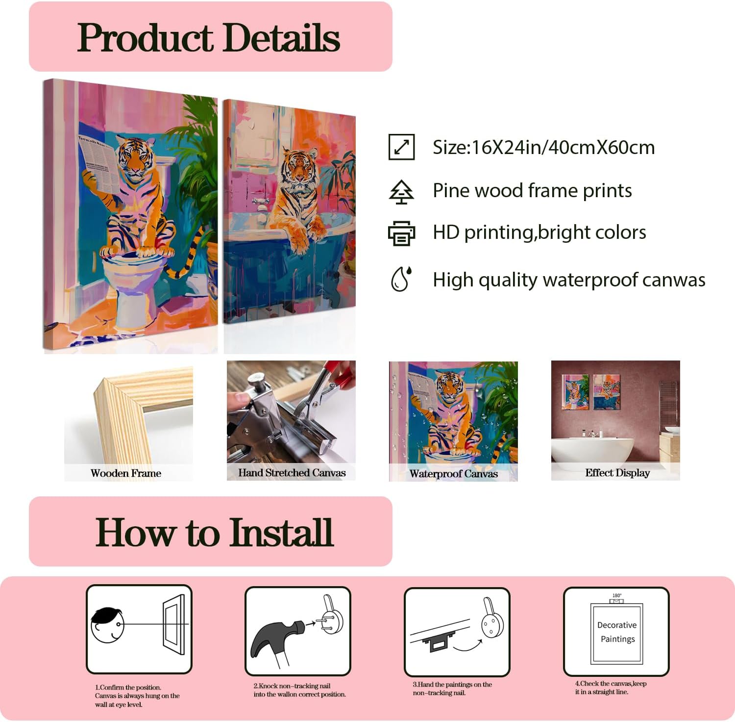 Funny Bathroom Tiger Wall Art Set of 2, Eclectic Pink Animal in Bathtub Canvas Wall Decor Maximalist Fashion Dopamine Painting Poster Print Aesthetic Artwork for Restroom Home 16x24 inch Framed image 2