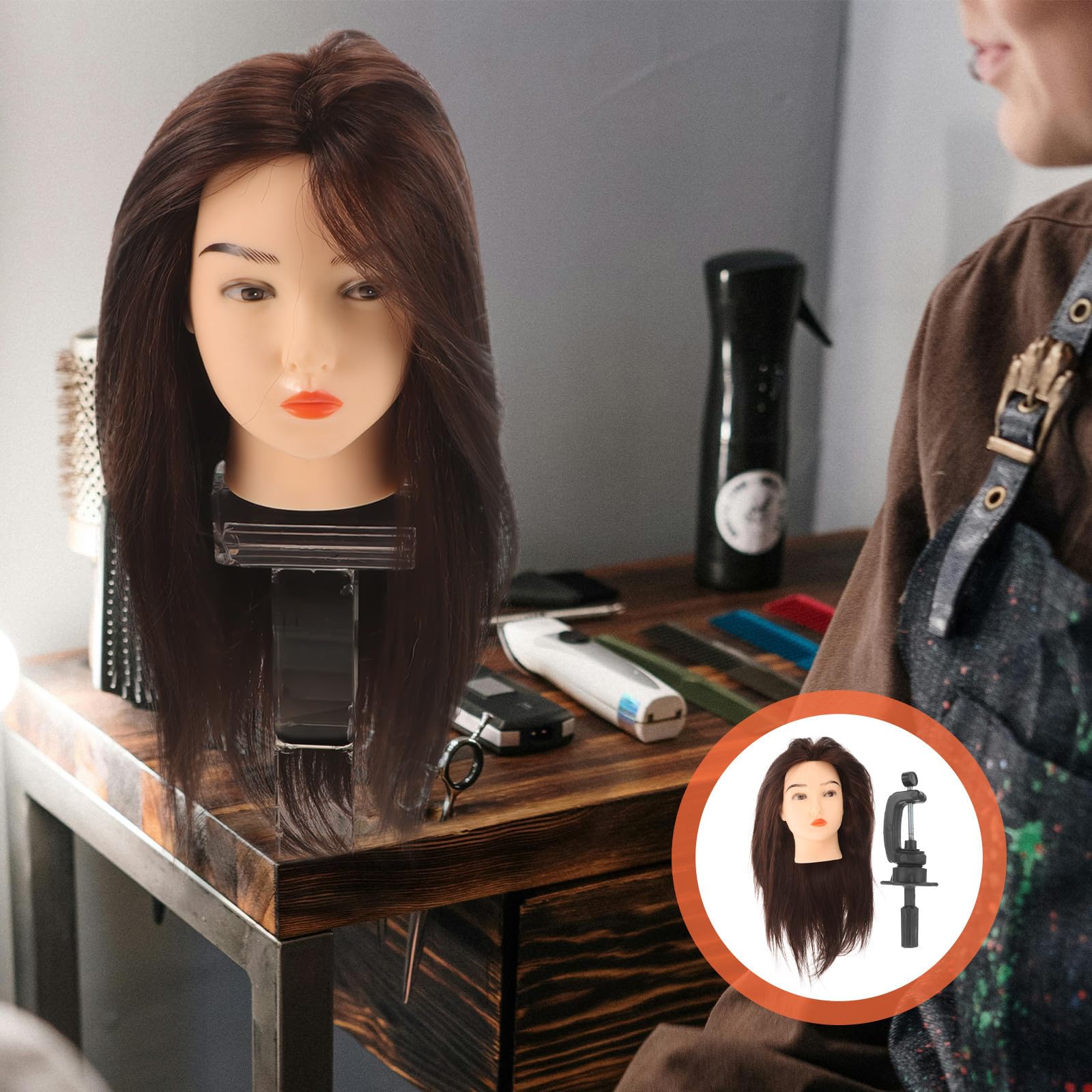 Übungskopf aus Echthaar für Friseur und Styling mit Halterung