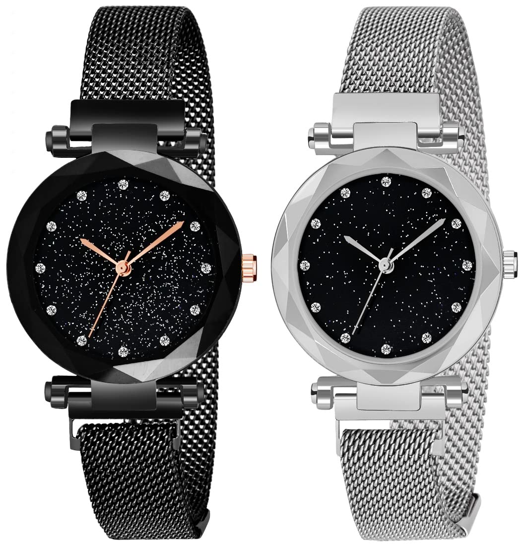 Acnos® Premium Silver and Black Color 12 Point with Trending Magnetic Analogue Metal Strap Watches for Girls and Womens Pack of - 2(ADM-190-200) (B09T6THB5V) Amazon Price History, Amazon Price Tracker