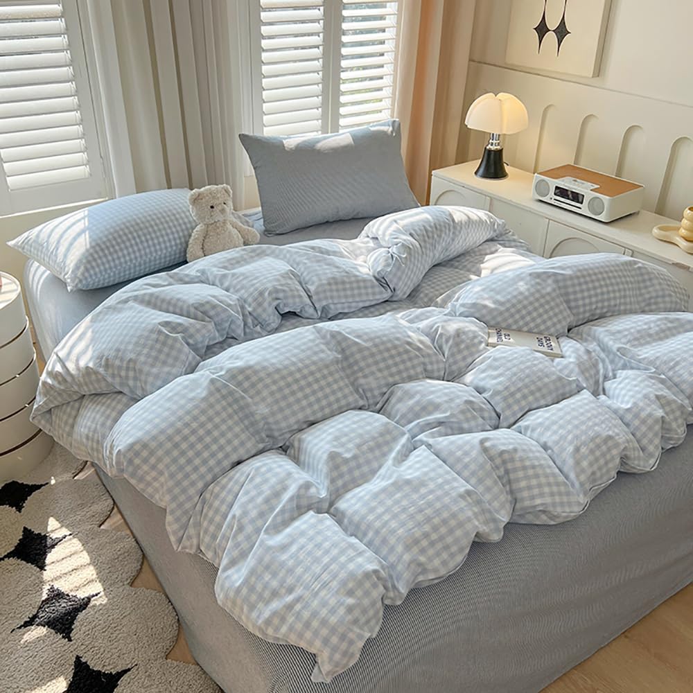 biancheria da letto, 220 x 240, in microfibra, motivo geometrico a quadri, stile country, con fantasia a quadretti, rinforzata, in microfibra lavata, copripiumino e 2 federe per cuscini da
