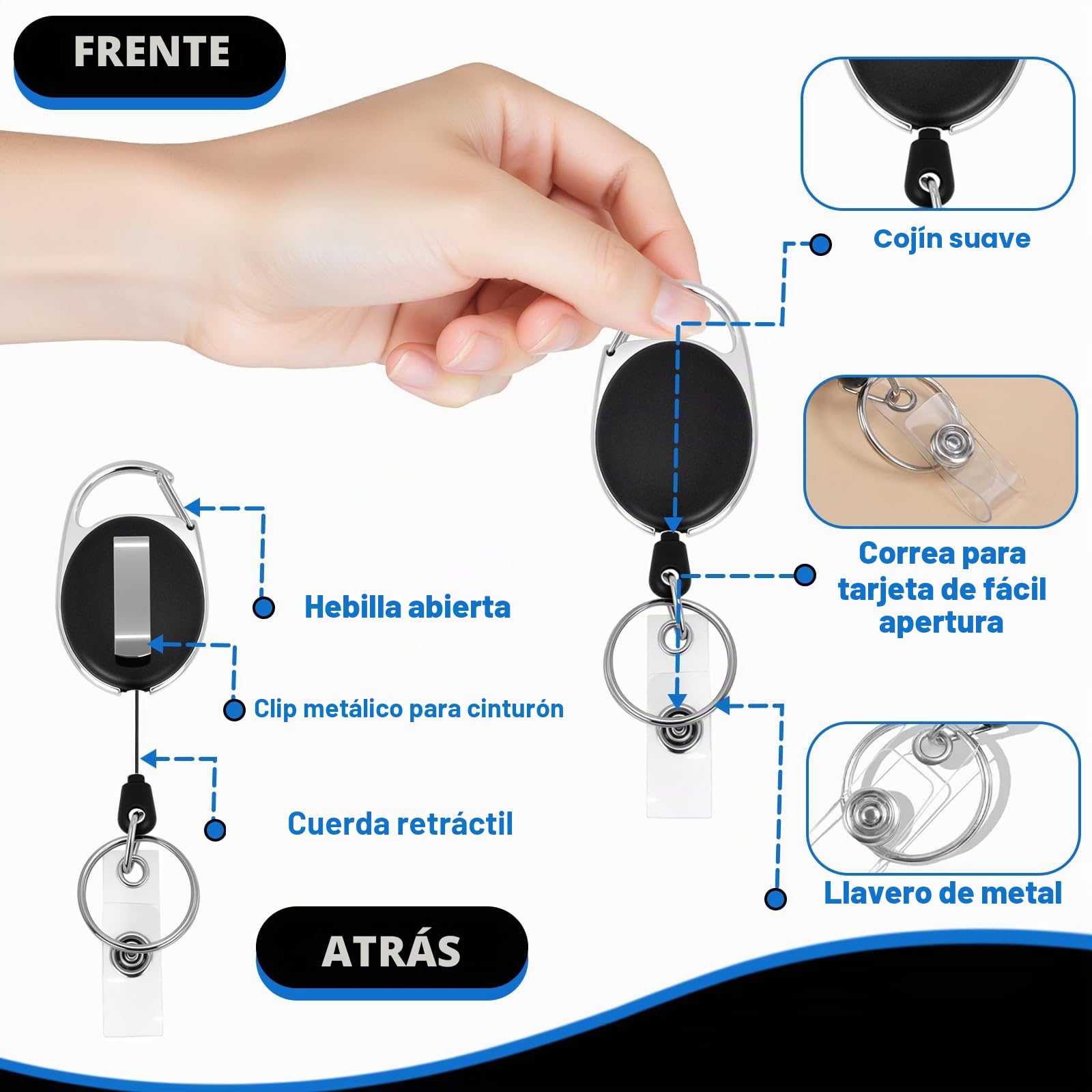 Llavero Retractil 10 Piezas con Clip para Cinturón Cordón Extensible 63 cm