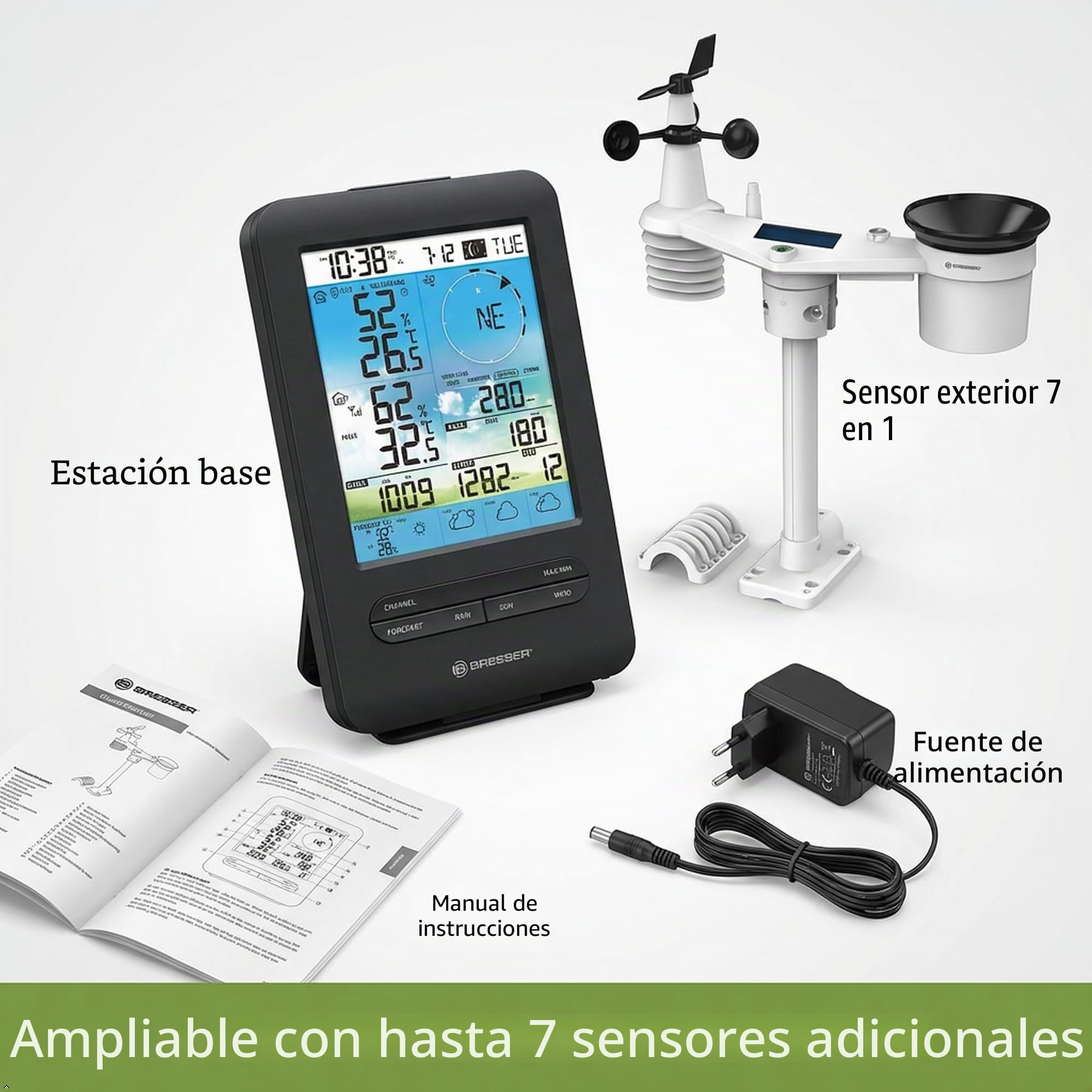 Bresser - Estación meteorológica WIFI 4CAST, 4 dias com sensor exterior 7 en 1 | Temperatura interior y exterior, humedad, pluviómetro, anemómetro, previsión 4 días, app, UV e intensidad lumínica