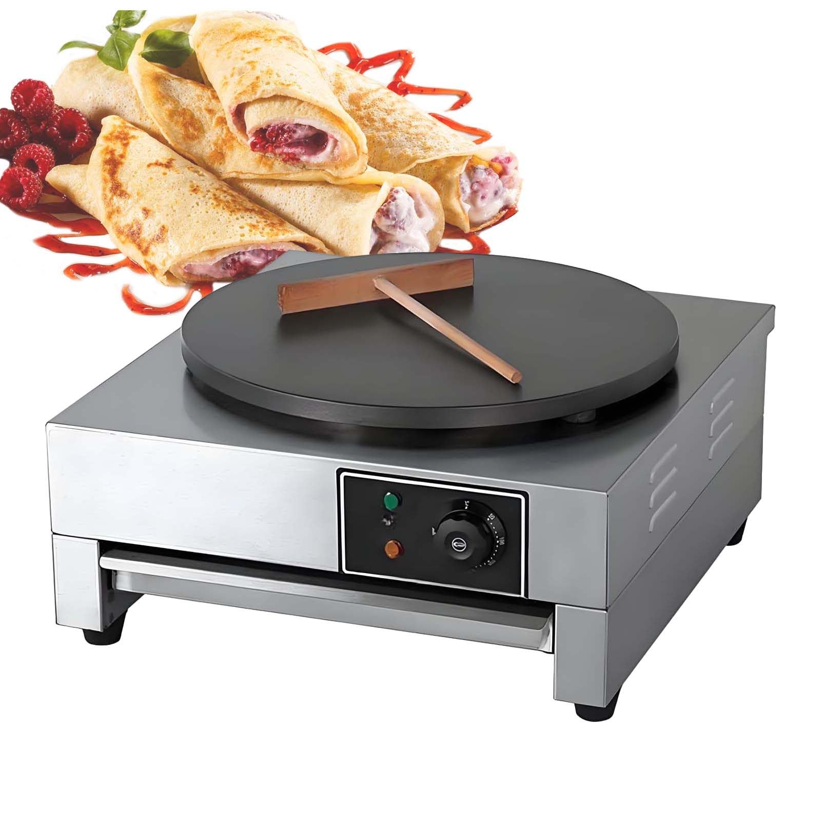 Crepera Redonda De 40 Cm -Plancha EléCtrica Para Panqueques Y Omelettes,Control Preciso De Temperatura Con Indicadores, Cuerpo De Acero Inoxidable + Placa De CoccióN De Hierro Fundido Single-head