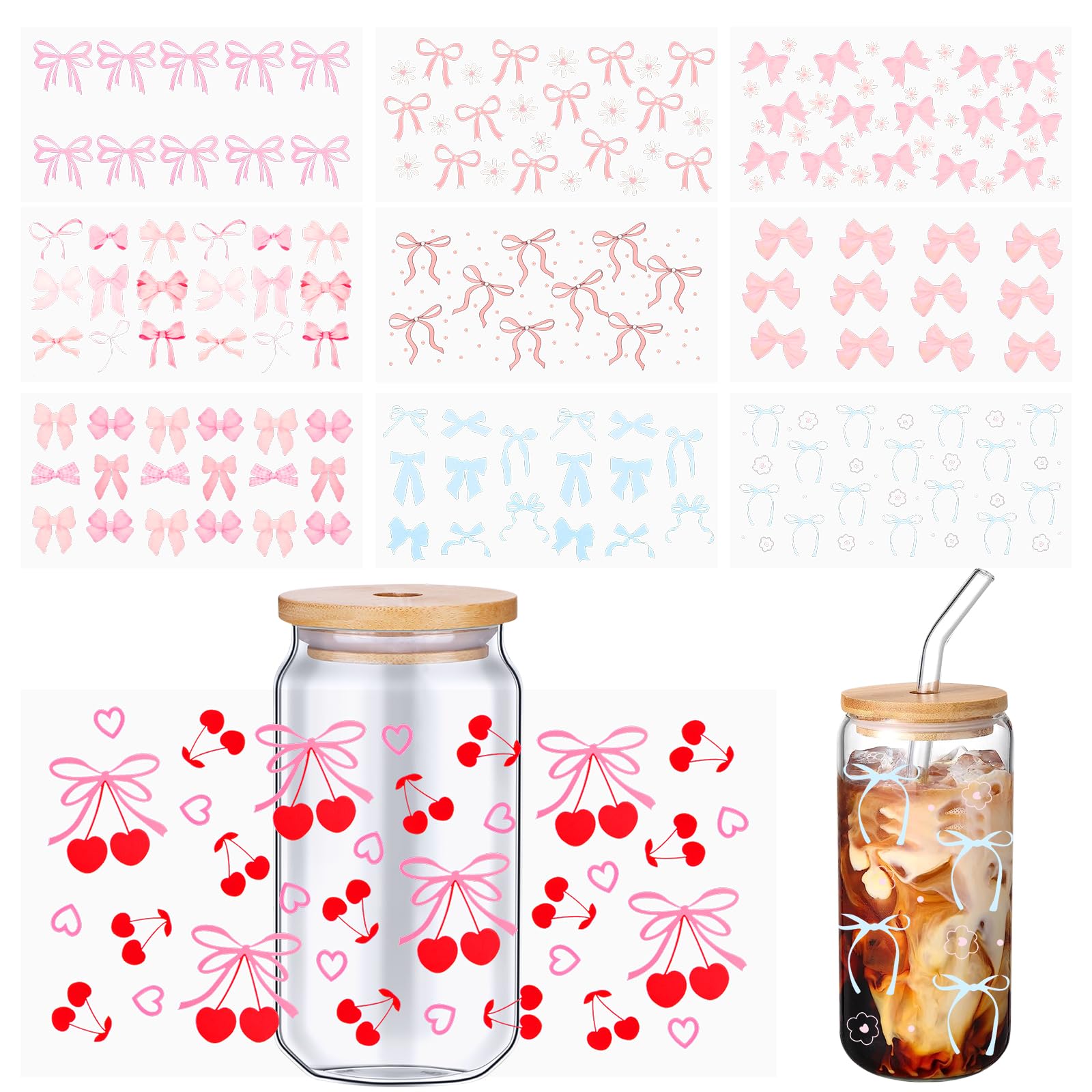 LuLobtg 20pcs Cup Wrap Bow Stickers, 23x11cm Waterproof Pink Bow Cup Stickers PVC Paper Rub on Decals for 16 oz Glass Cups Water Bottles