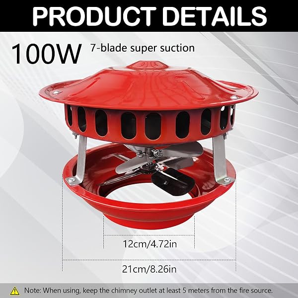 Mocoli Extractor de humos de 100W, Ventilador de Chimenea de Doble Cabeza de 12-21cm con 7 Aspas Máquina de Humo Silenciosa Extractor de Humos Ventilador de Chimenea - 2