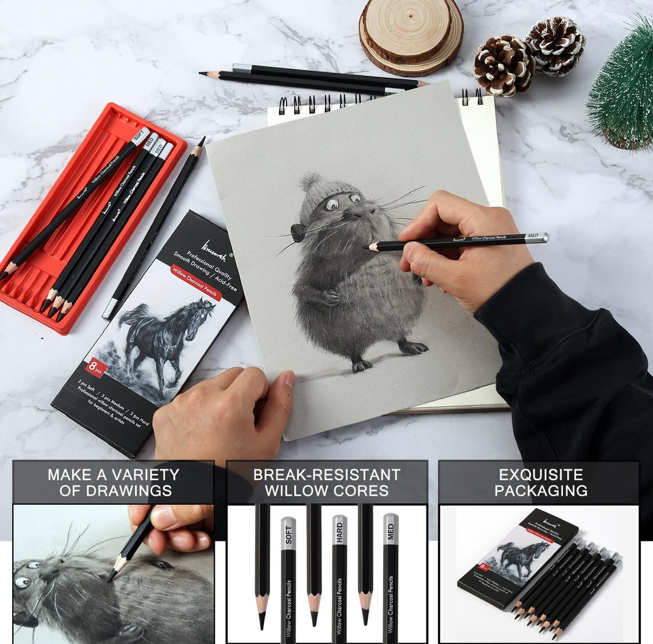 Brusarth Professional Charcoal Pencils Drawing Set - 8 Pieces Soft Medium and Hard Willow Charcoal Pencils for Drawing, Sketching, Shading - Image 3