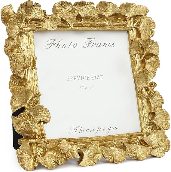 Vintage Gold 5x5 Picture Frame, Gold Ornate Leaf Textured Hand-Crafted Resin with Glass Front, Antique Square Photo Frame for Tabletop Display, Retro Design Home Decor