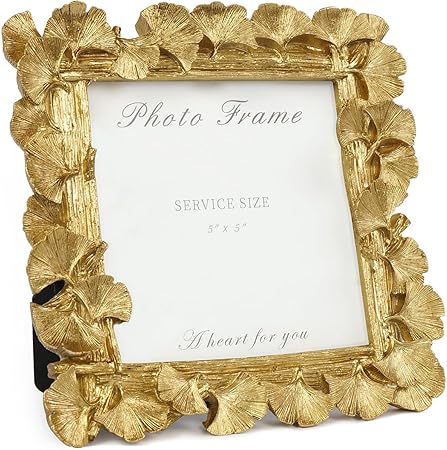 Vintage Gold 5x5 Picture Frame, Gold Ornate Leaf Textured Hand-Crafted Resin with Glass Front, Antique Square Photo Frame for Tabletop Display, Retro Design Home Decor