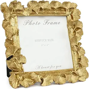 Vintage Gold 5x5 Picture Frame, Gold Ornate Leaf Textured Hand-Crafted Resin with Glass Front, Antique Square Photo Frame for Tabletop Display, Retro Design Home Decor