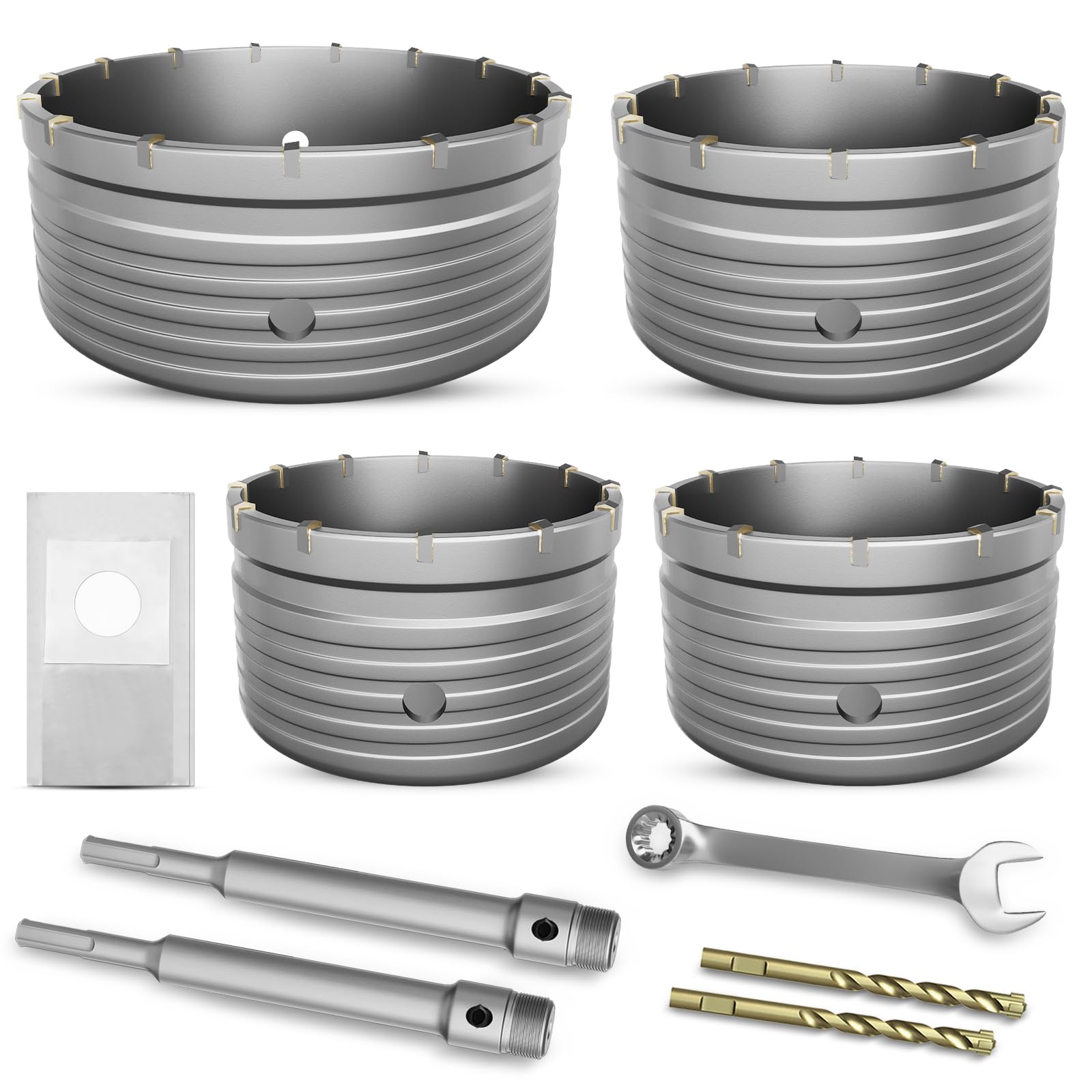 Zestaw korony wiertniczej 105/110/120/150 mm wraz z adapterem SDS-Plus (220 mm × 2), 2 x wiertło centrujące, z kluczem płaskim i workiem chroniącym przed kurzem – do muru, betonu, kamienia naturalnego