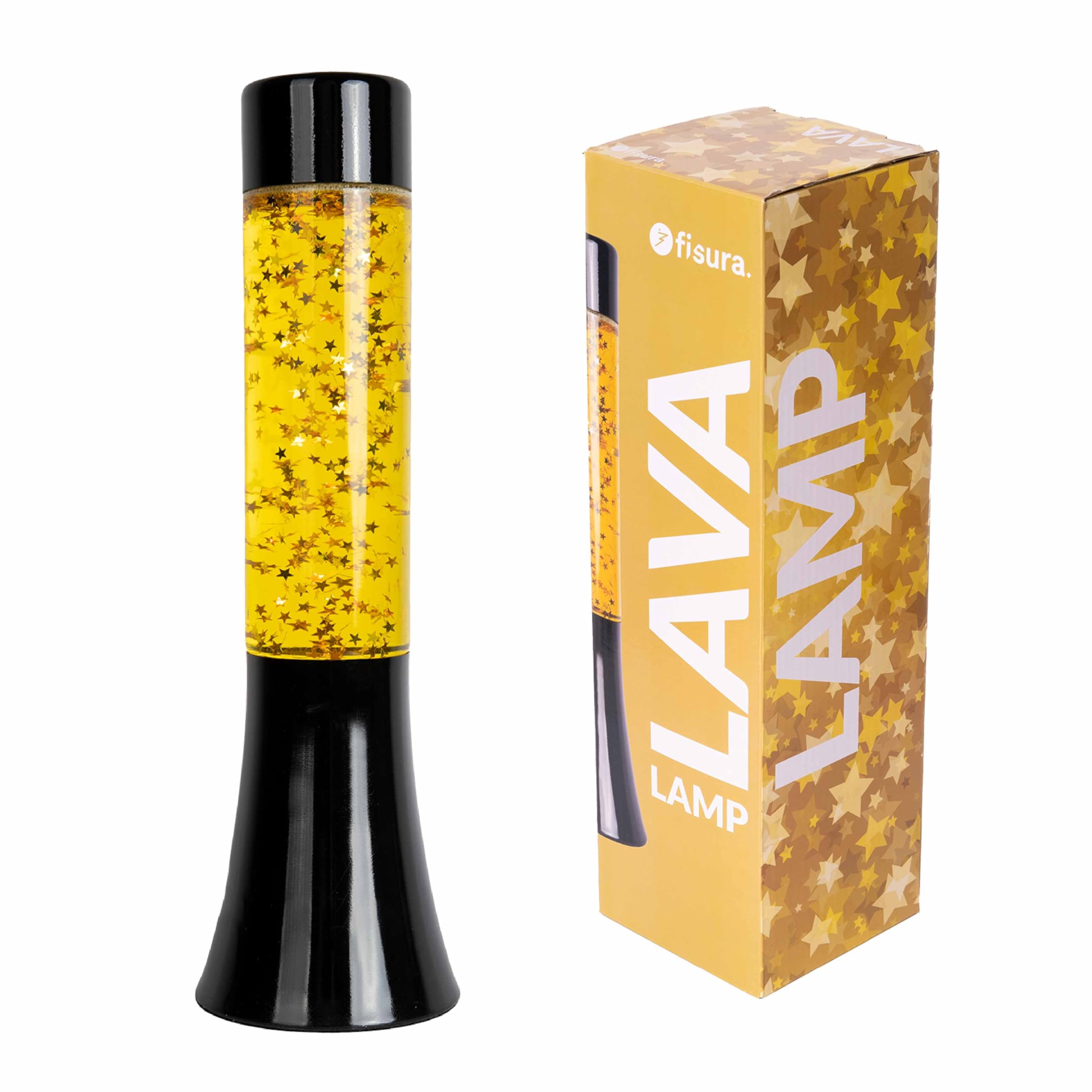 Fisura - Golden lava lamp. 30 cm lava lamp with black base, transparent liquid and golden stars. Relaxing effect lamp. 9 x 9 x 30 cm