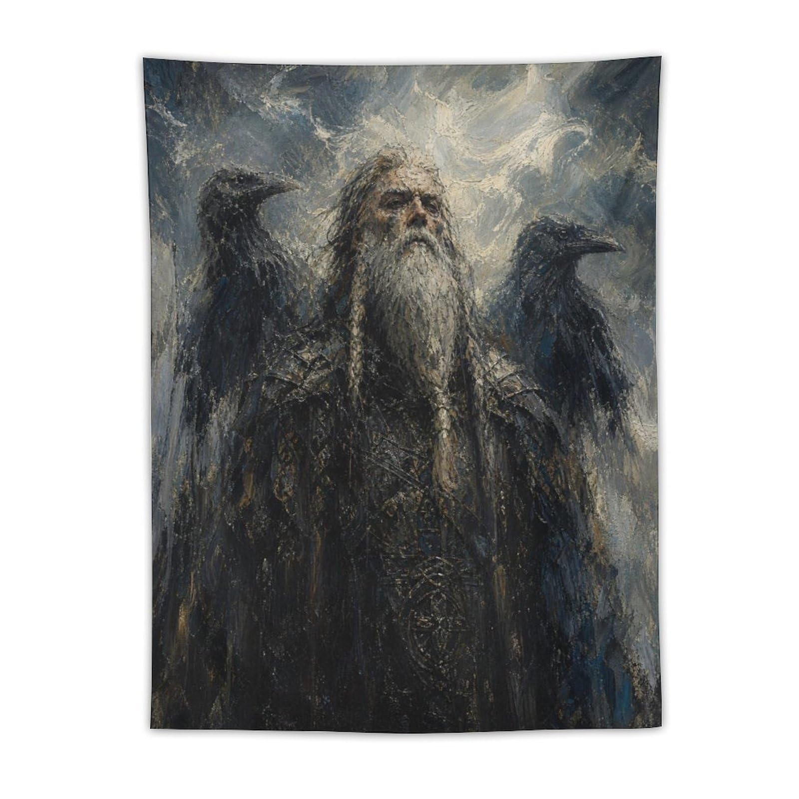 W7C8U2X3 Odin in Storm Wall Tapestry, Realistic Illustration, Dark Norse