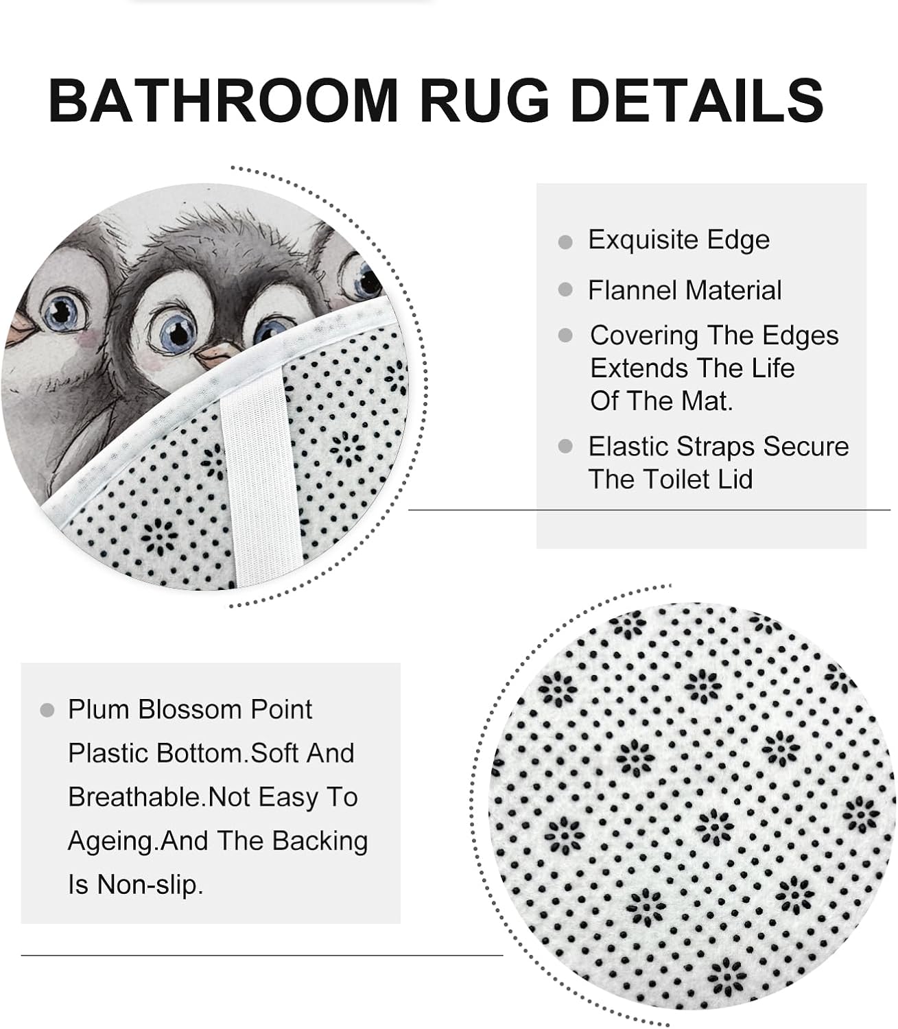 3PCS Kid Fun Penguin Bathroom Accessory Set with Two Non-Slip Washable Bath Rugs (16x24&20x32), Cartoon Child Animal Bathroom Mat Decorative-72''x72'''