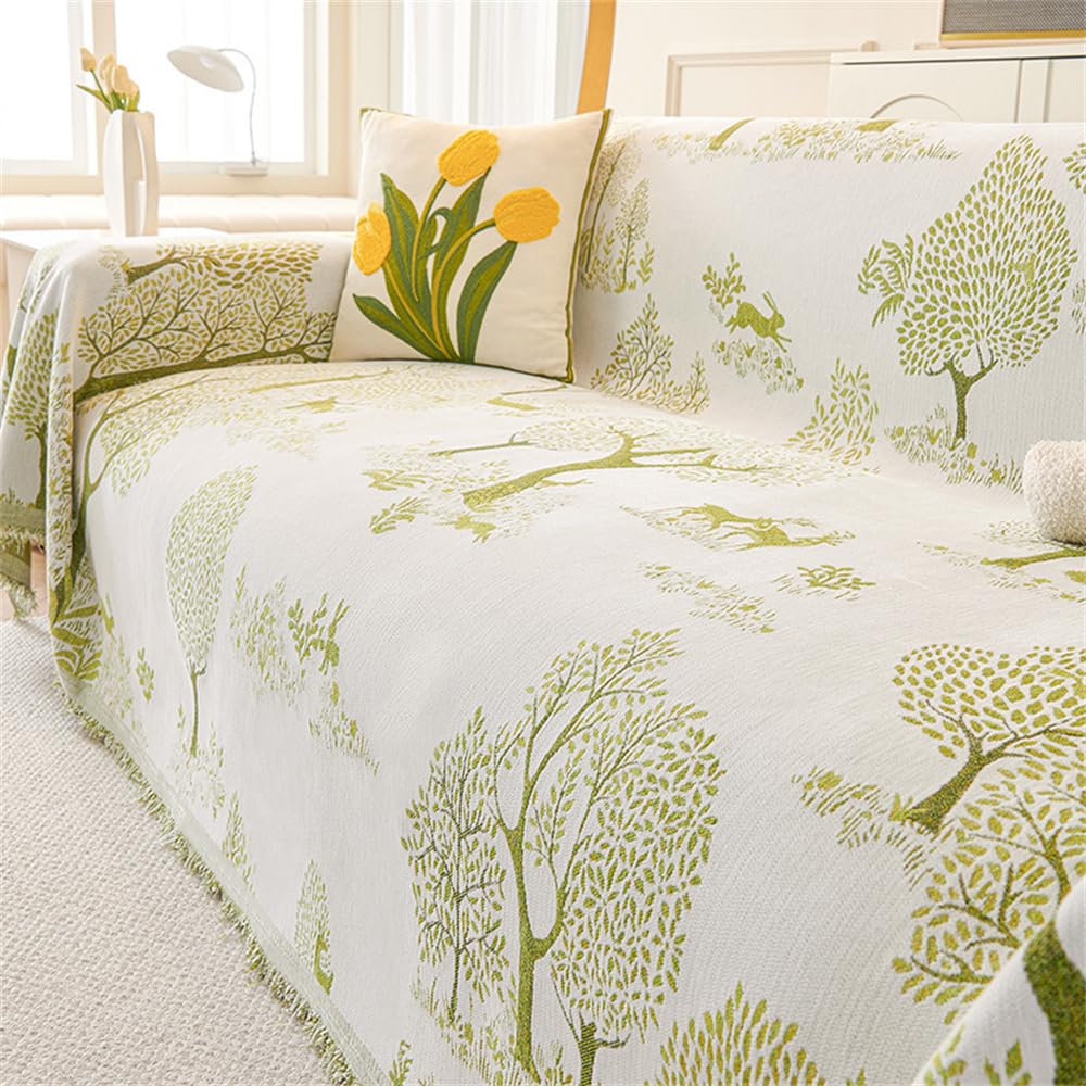FANSU Throw for Sofa Large, Soft Throw Blanket Sofa Reversible Life Tree Rabbit Printed Versatile Blanket Throw Decorative for Chair Settees Couch Sofa Bed (Green,3 Seat Plus(180x340cm))